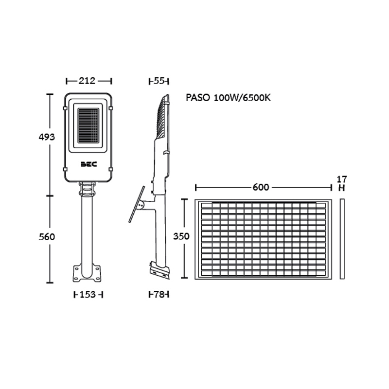 ขนาดโคมไฟถนนโซล่าเซลล์ LED 100W BEC รุ่น PASO