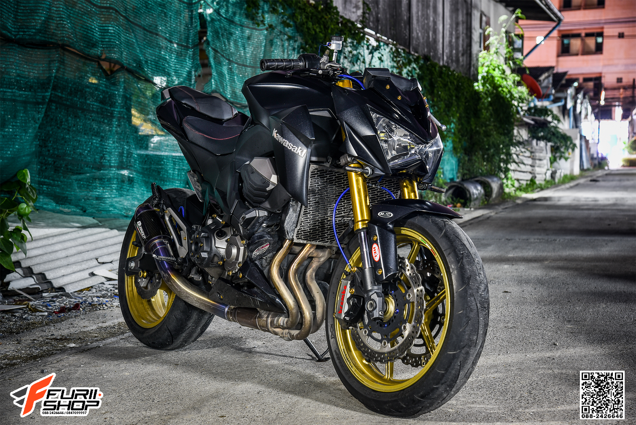 สายHEL KAWASAKI Z800 เดิน3ทาง หน้า-หลัง สายสีน้ำเงิน หัวเบนโจสีดำ