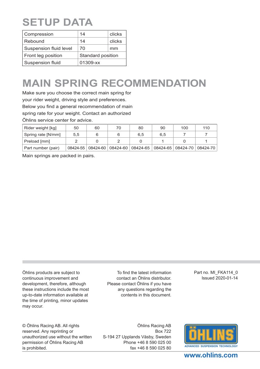สปริงโช้คหน้า Ohlins FKA114 For Yamaha Ténéré 700 Rally Edition 2023-2024