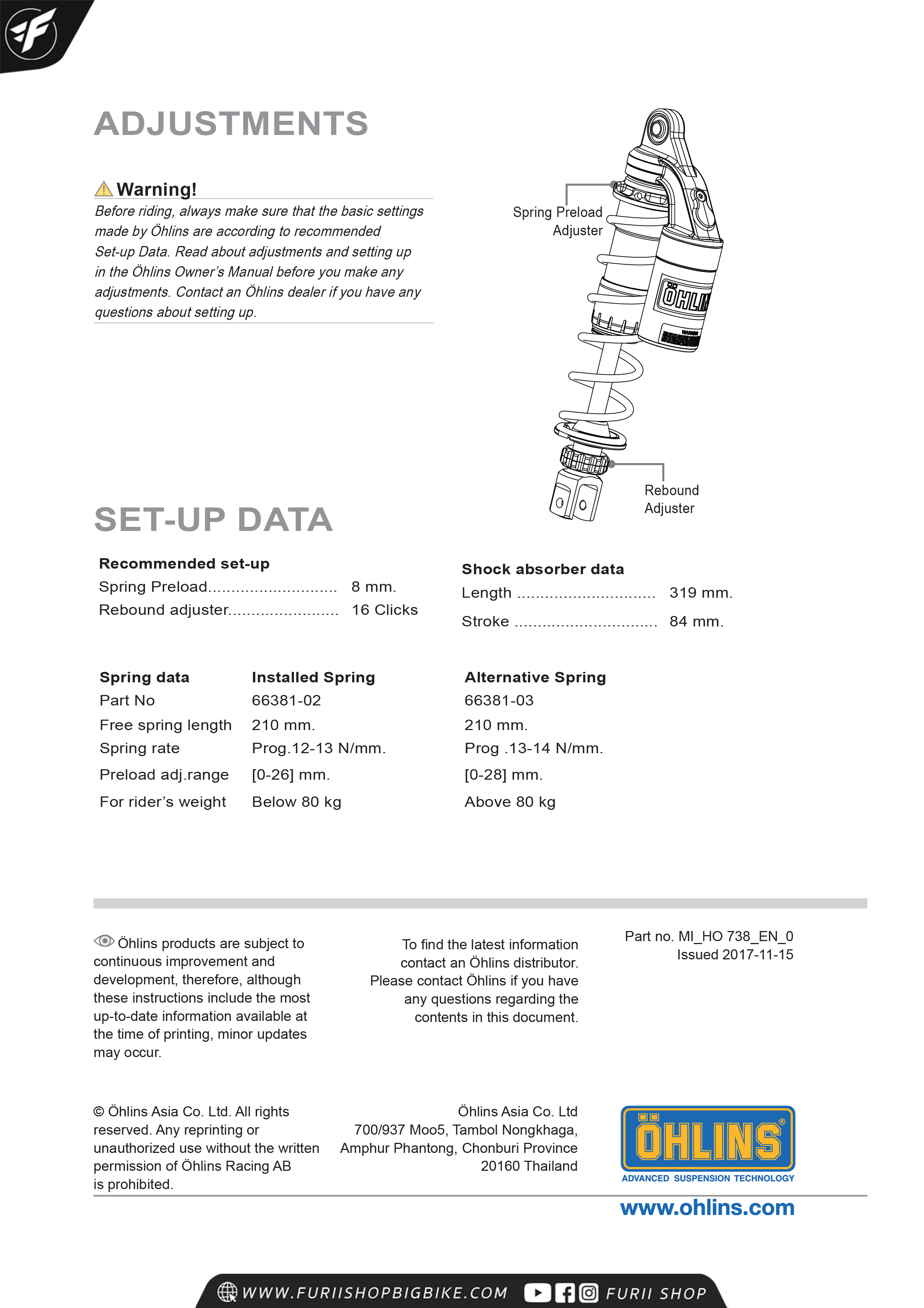 โช๊ค โช๊คอัพ โช๊คแต่ง โช๊คมอเอตร์ไซค์ OHLINS HO 738 FOR HONDA PCX150