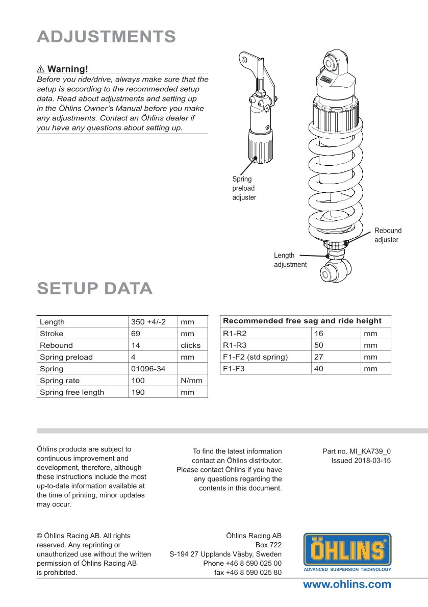 โช๊คหลังแต่ง Ohlins KA739 For Kawasaki Z900 Performance ปี 2017-2023