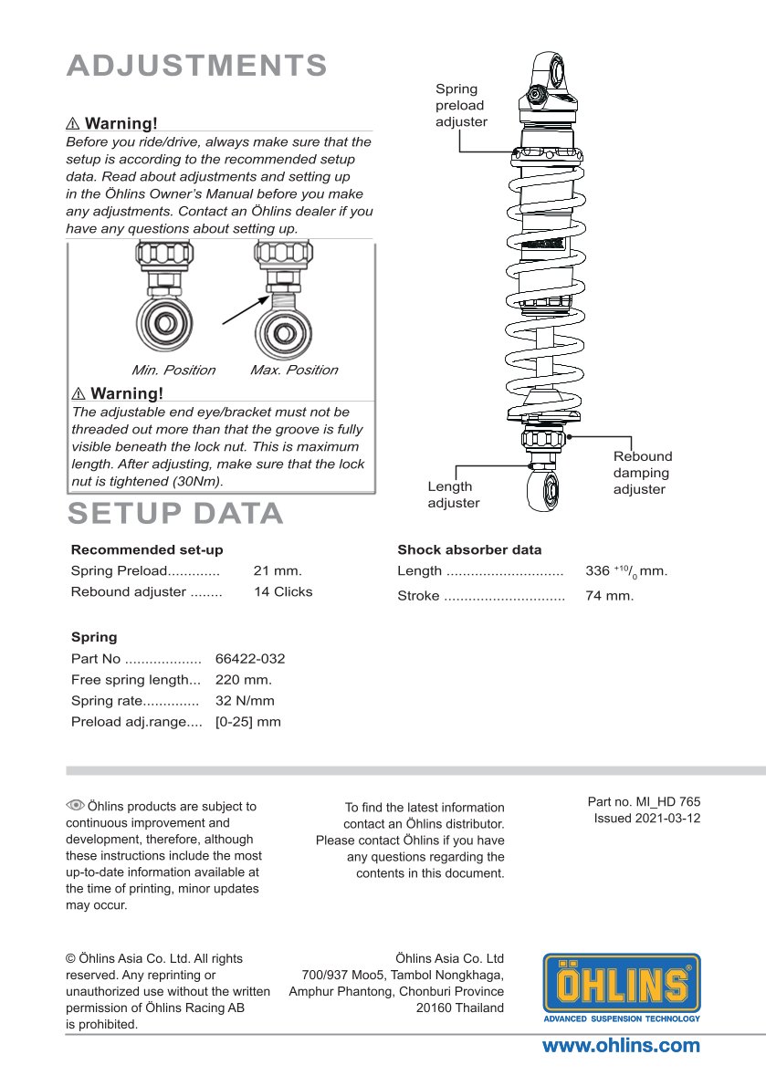 โช๊คหลังแต่ง Ohlins HD765 For Harley-Davidson Dyna FXD ปี 1991-2017