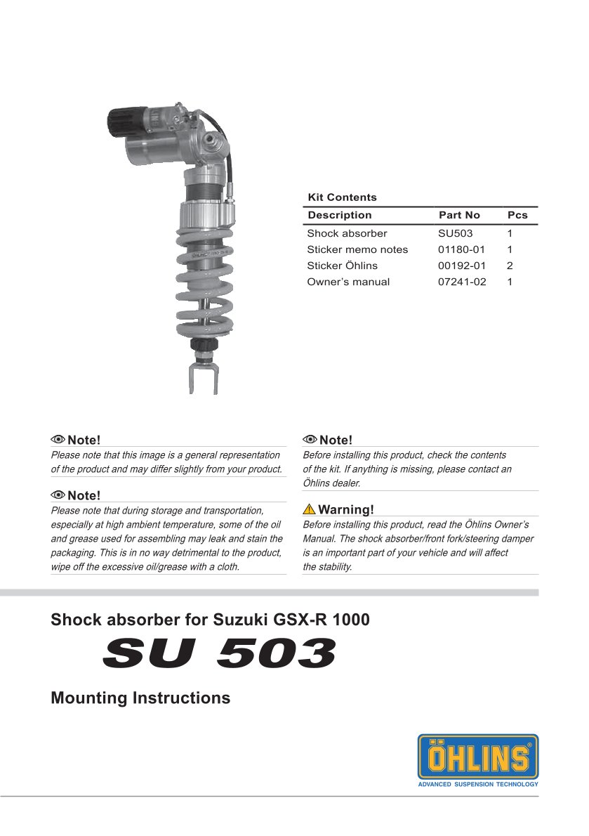 โช๊คหลังแต่ง Ohlins SU503 For Suzuki GSX-R 1000 ปี 2005-2006