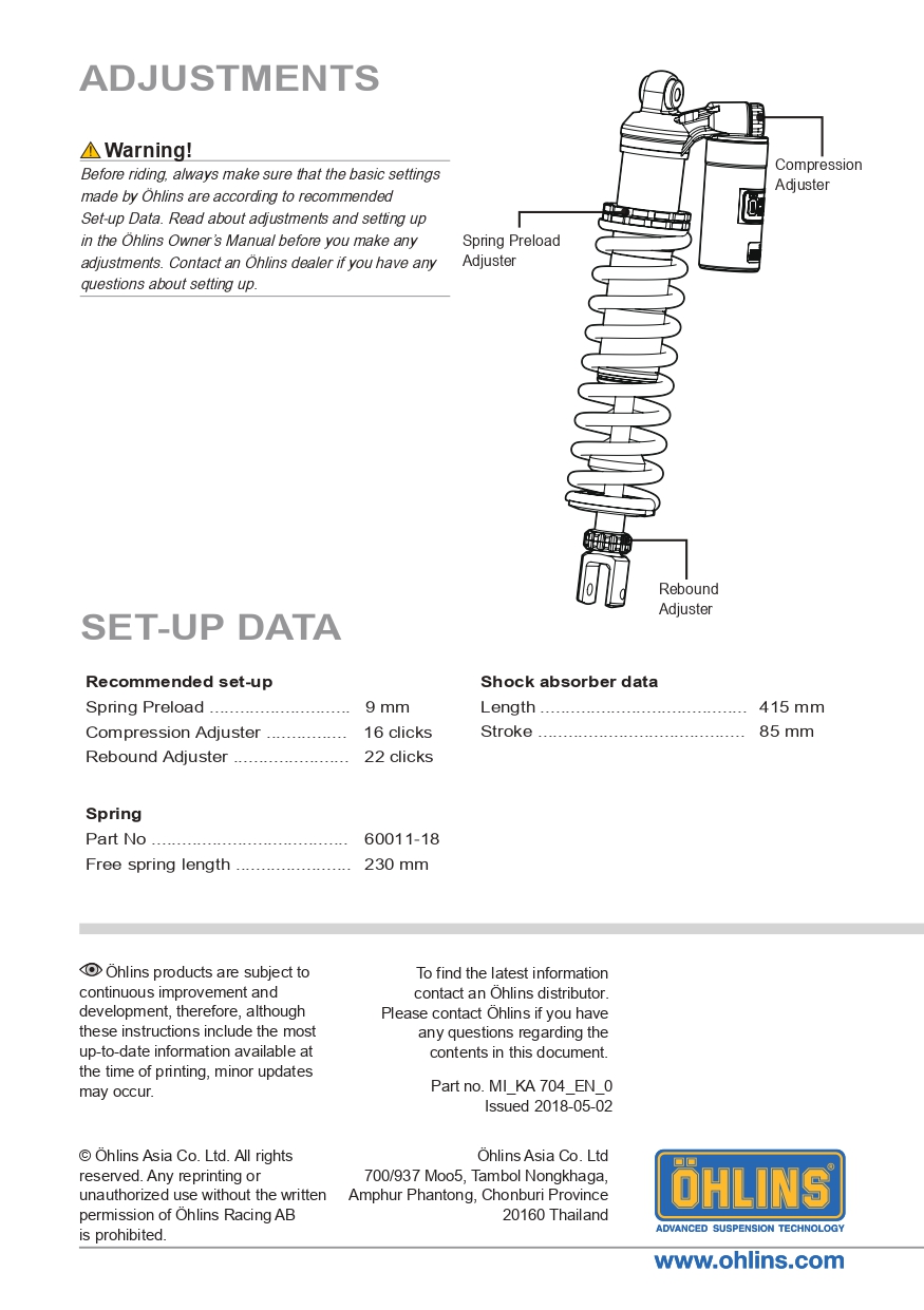 โช๊คหลังแต่ง Ohlins KA704 For Kawasaki KLX 250 D Tracker ปี 2013-2019