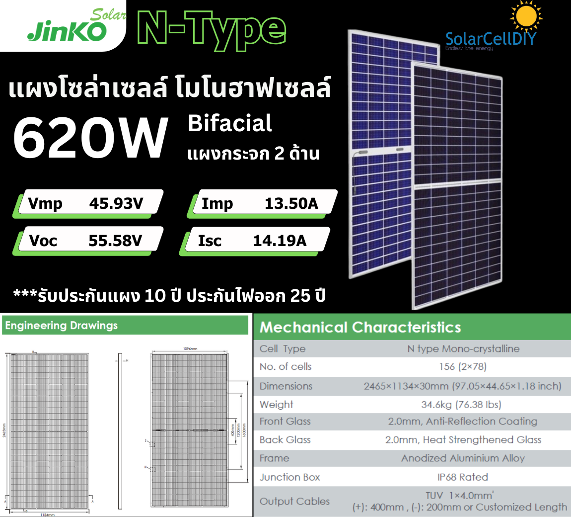 แผงโซล่าเซลล์ N-type Mono Tiger Neo ขนาด 620W ( 2 หน้า ) แบรนด์ Jinko