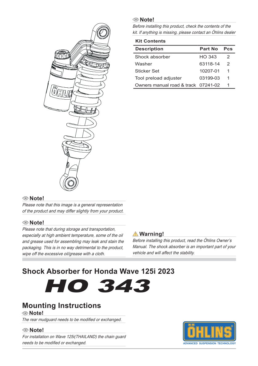 โช๊คหลังแต่ง Ohlins HO343 For Honda Wave 125i ปี 2023