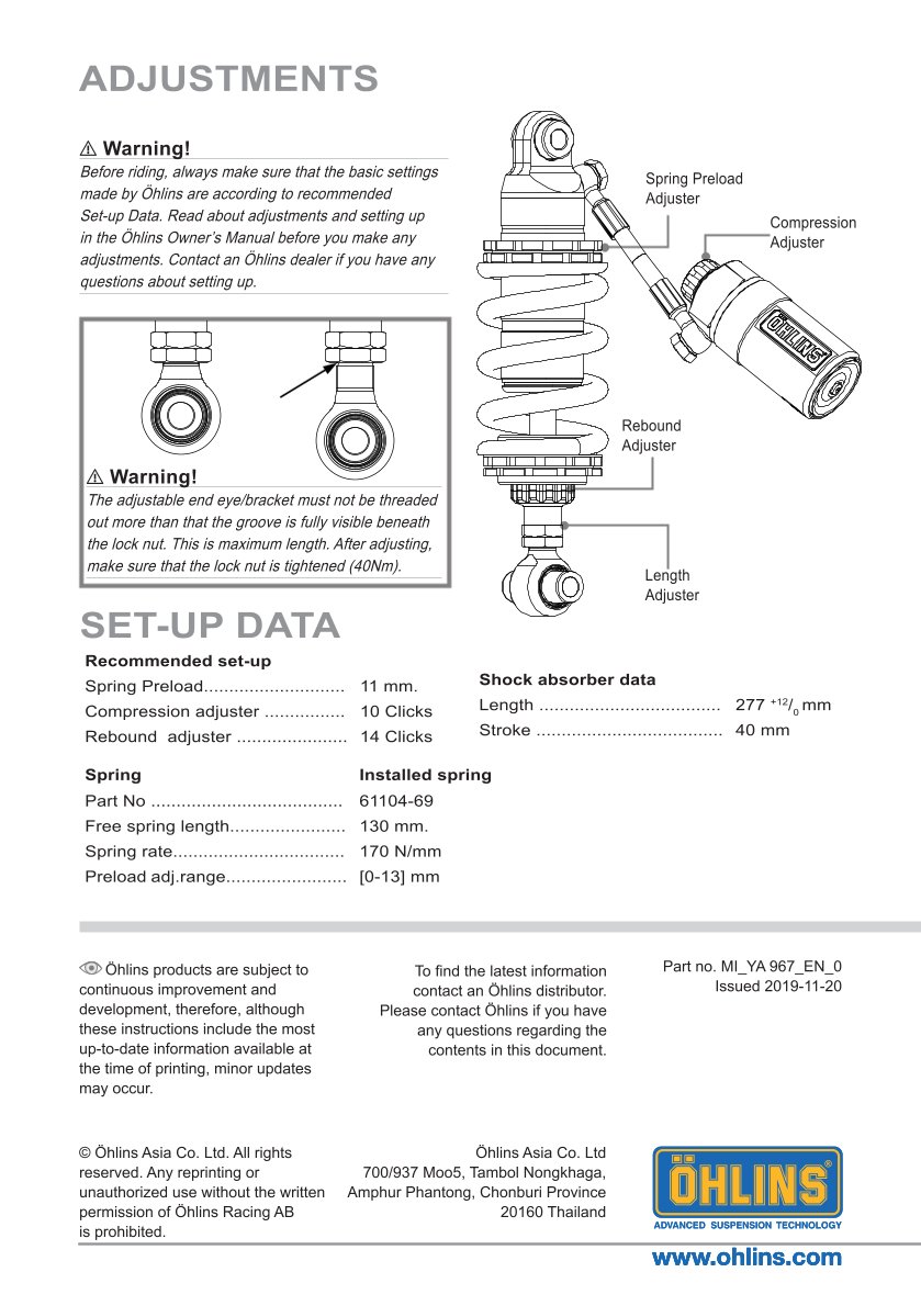 โช๊คหลังแต่ง Ohlins YA967 For Yamaha MT-03 ปี 2016-2023