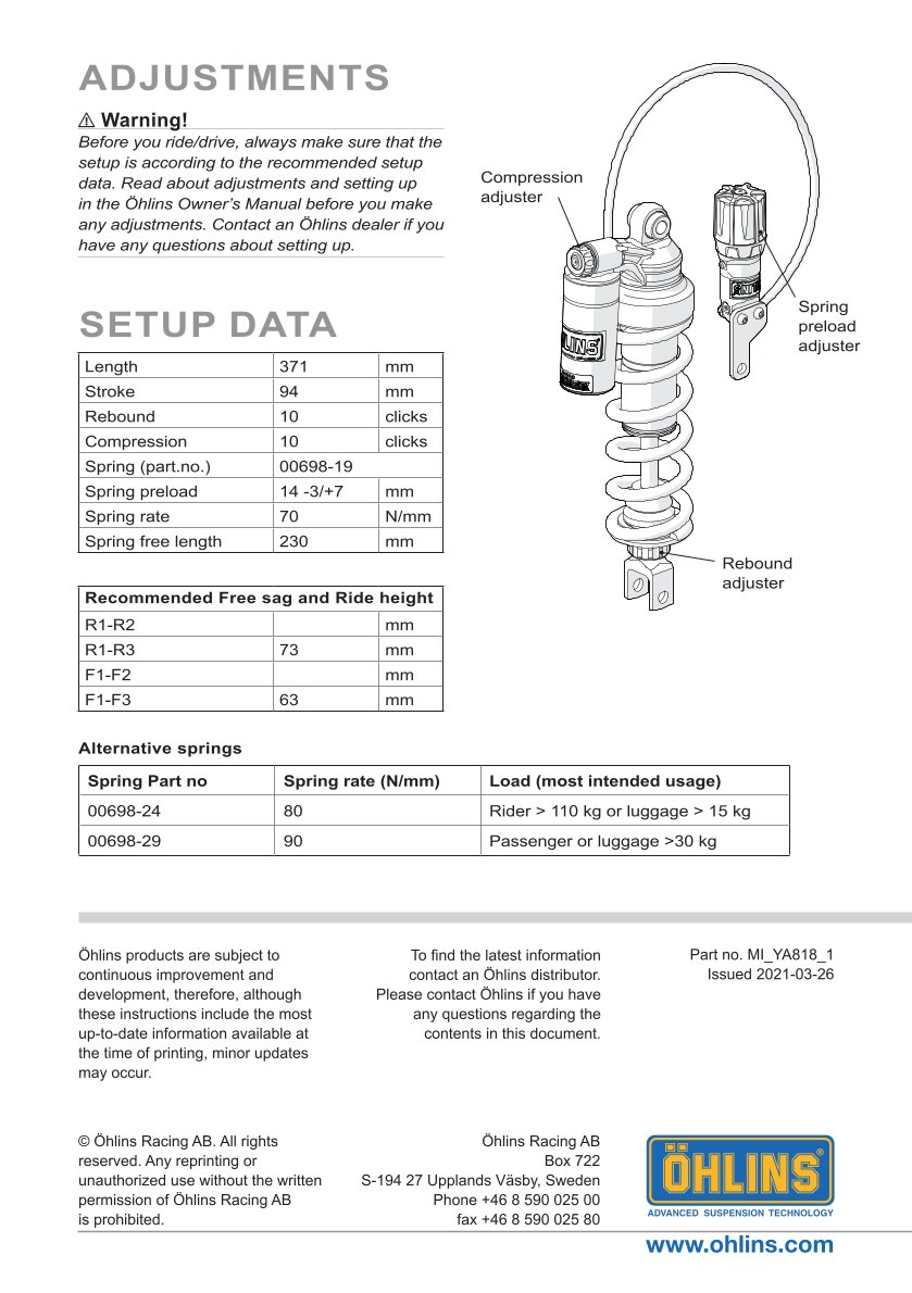 โช๊คหลังแต่ง Ohlins YA818 For Yamaha Ténéré 700 Rally Edition ปี 2023-2024