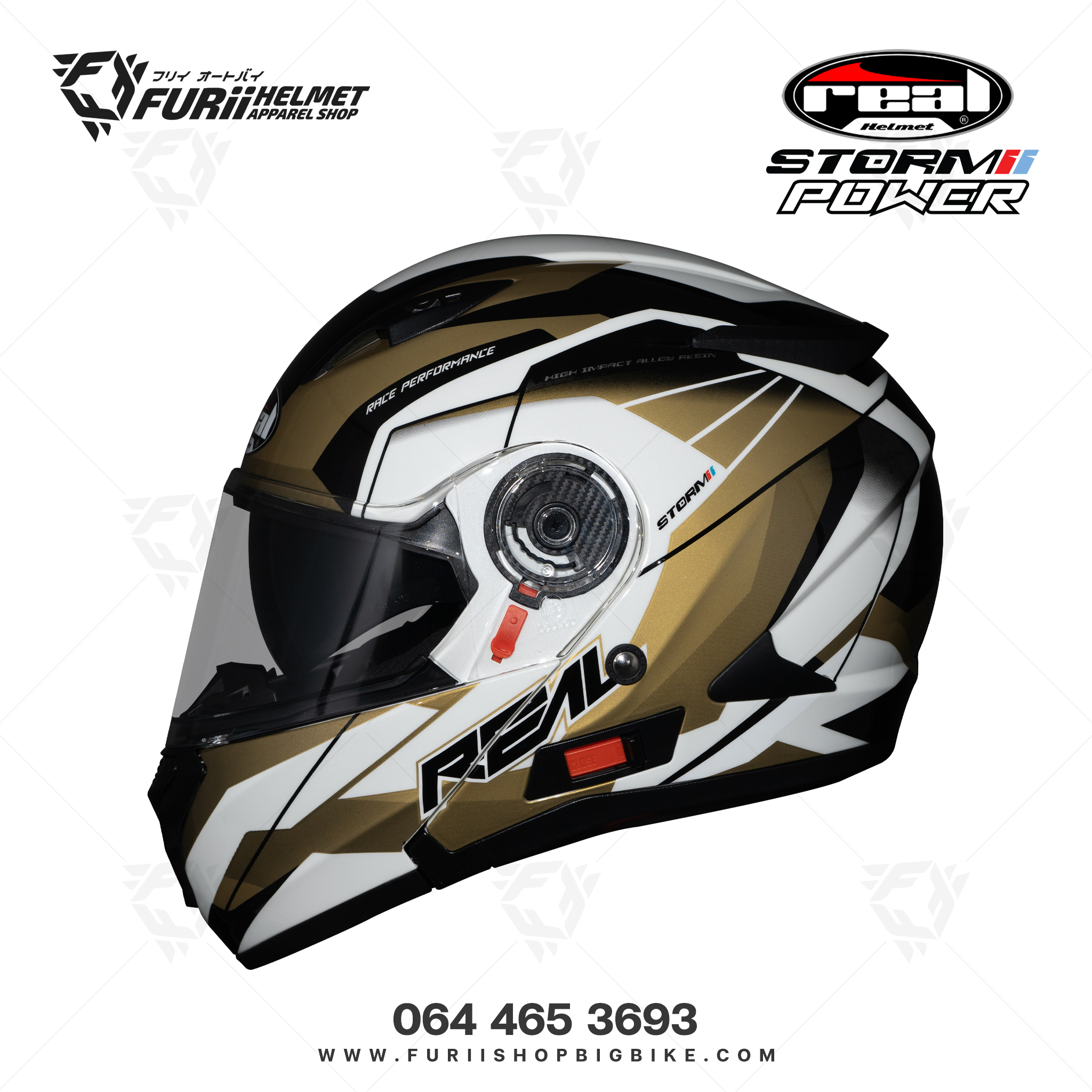 หมวกกันน็อคเต็มใบ Real : Storm Power ขาว-ทอง