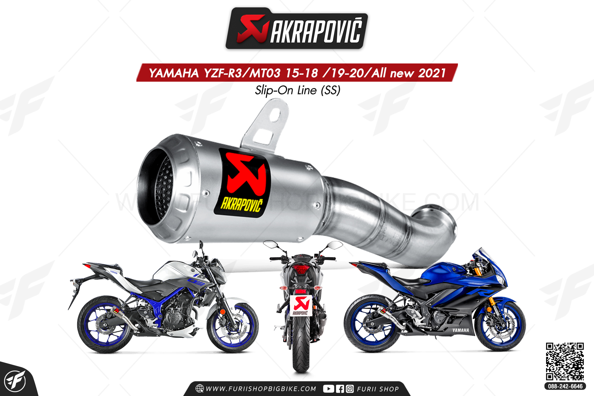 ท่อแต่ง Akrapovic Exhaust Slip-On Line (SS) Moto GP YAMAHA YZF-R3/MT03 15-18 /19-20/All new 2021