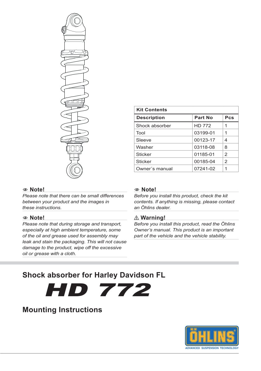 โช๊คหลังแต่ง Ohlins HD771 For Harley-Davidson FL Touring (Road King, Street Glide, Electra Glide etc) ปี 1990-2022