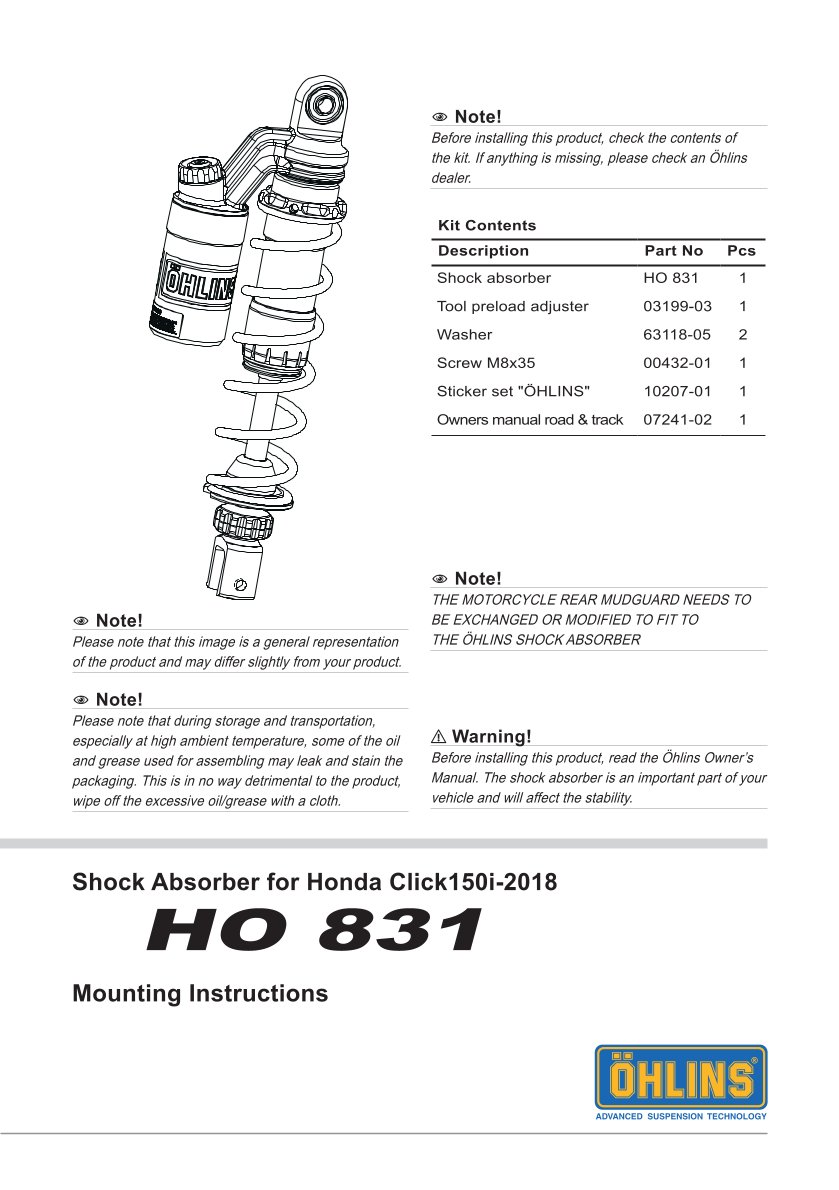 โช๊คหลังแต่ง Ohlins HO831 For Honda Click 150i ปี 2018-2021