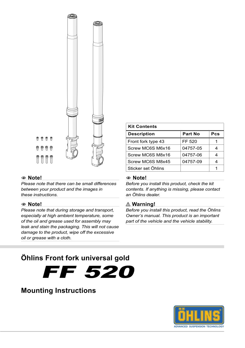 โช้คหน้า OHLINS FF520 FOR Universal Gold All