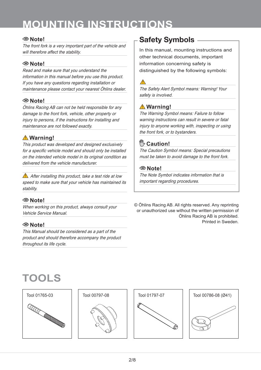 สปริงโช๊คหน้า โช๊คอัพ โช๊คแต่ง โช๊คมอเอตร์ไซค์ OHLINS FGK232 NIX30 KAWASAKI Z1000 2014-2016