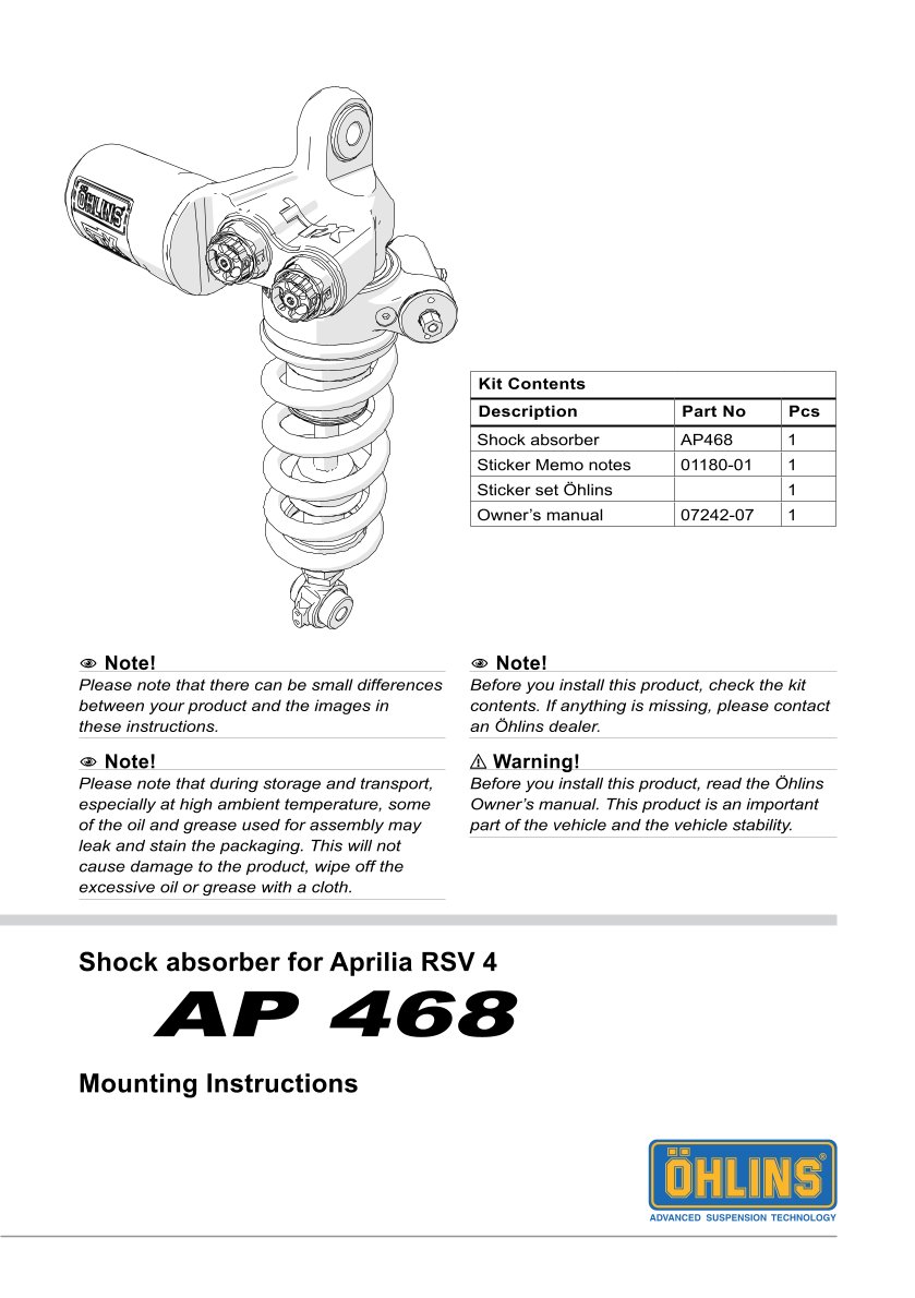 โช๊คหลัง OHLINS Sweden AP468 For Aprilia RSV4RR, RSV4