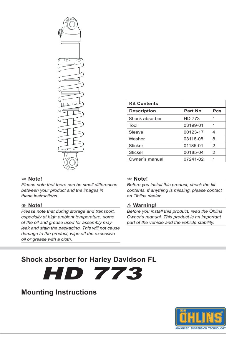 โช๊คหลังแต่ง Ohlins HD773 For Harley-Davidson FL Touring (Road King, Street Glide, Electra Glide etc) ปี 1990-2022