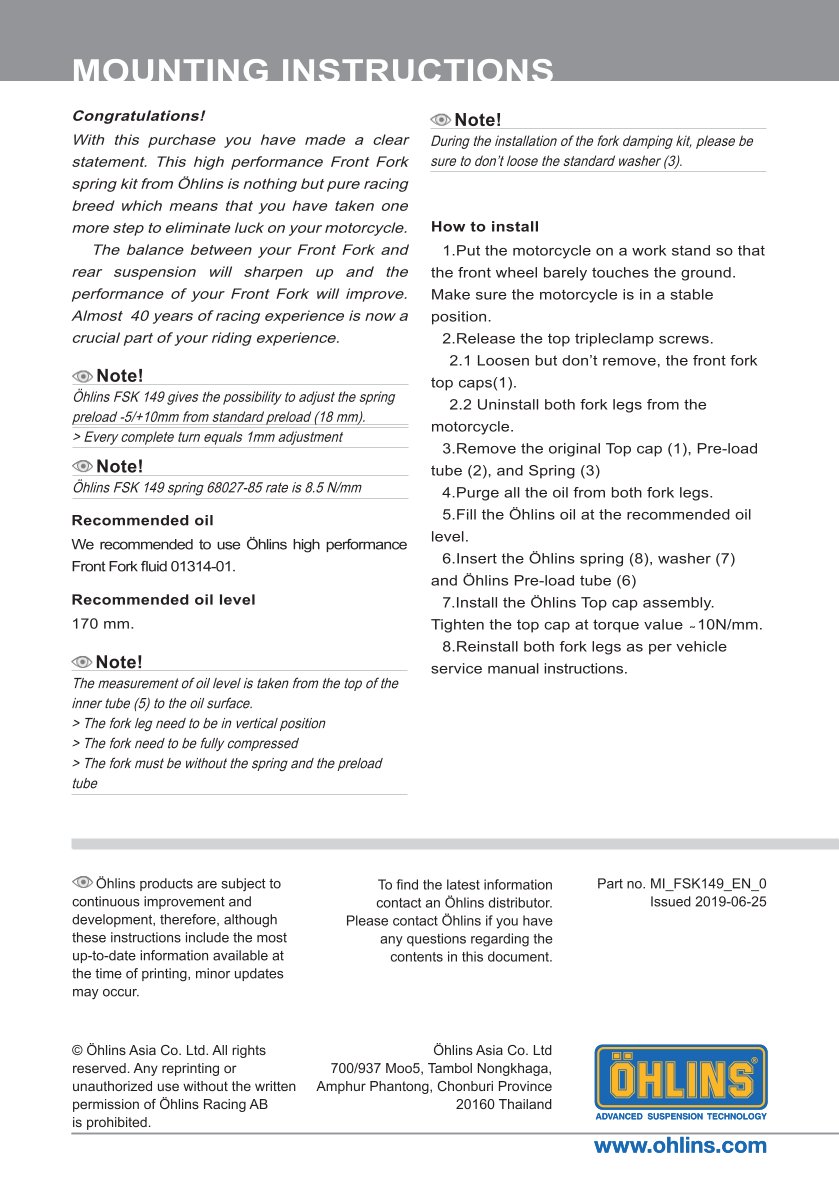 สปริงโช้คหน้า Ohlins FSK149 For Honda CB500X 2019-2020