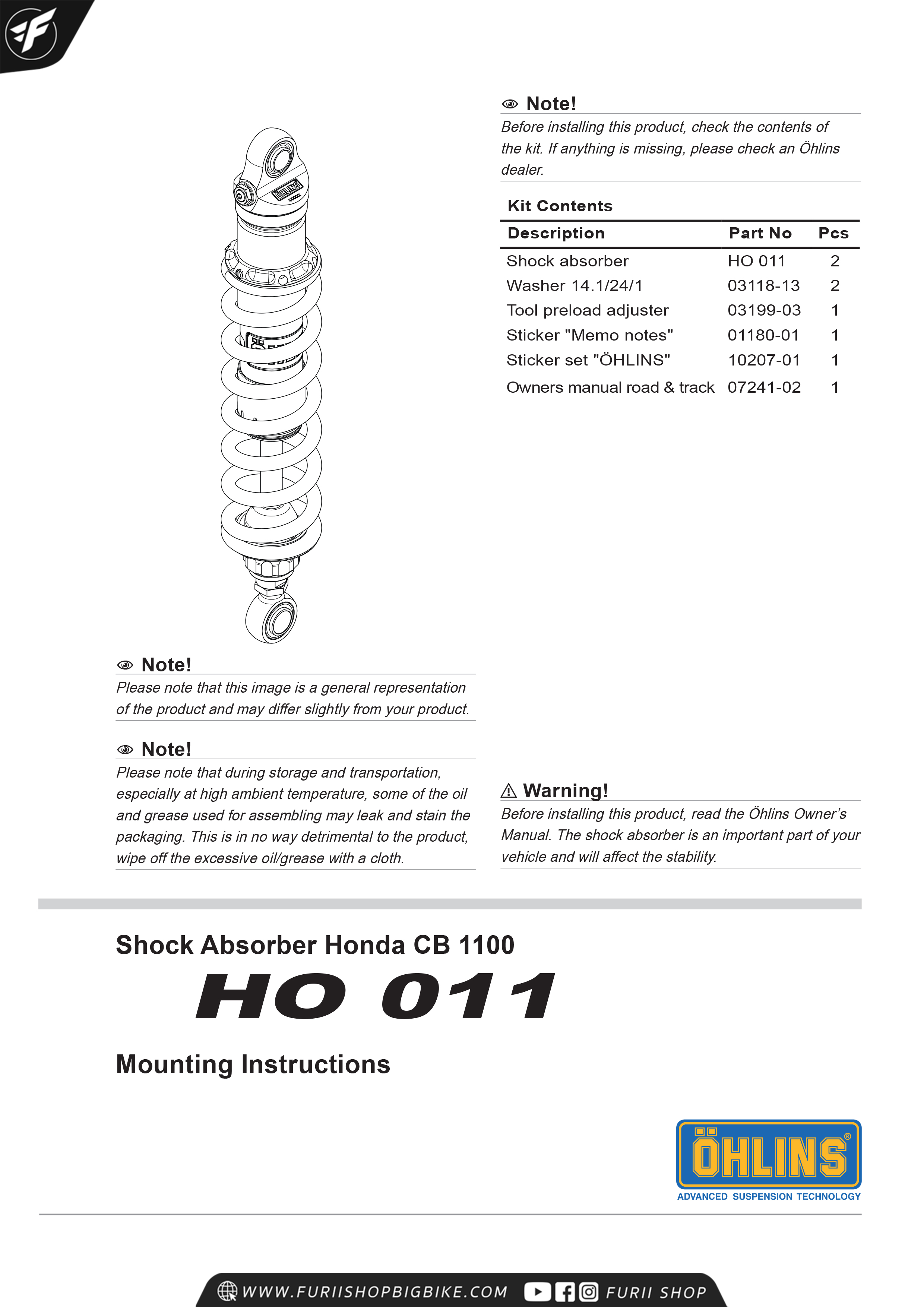 โช๊คหลัง โช๊คอัพ โช๊คแต่ง โช๊คมอเอตร์ไซค์ OHLINS STX 36 TWIN HO011 FOR HONDA CB1100