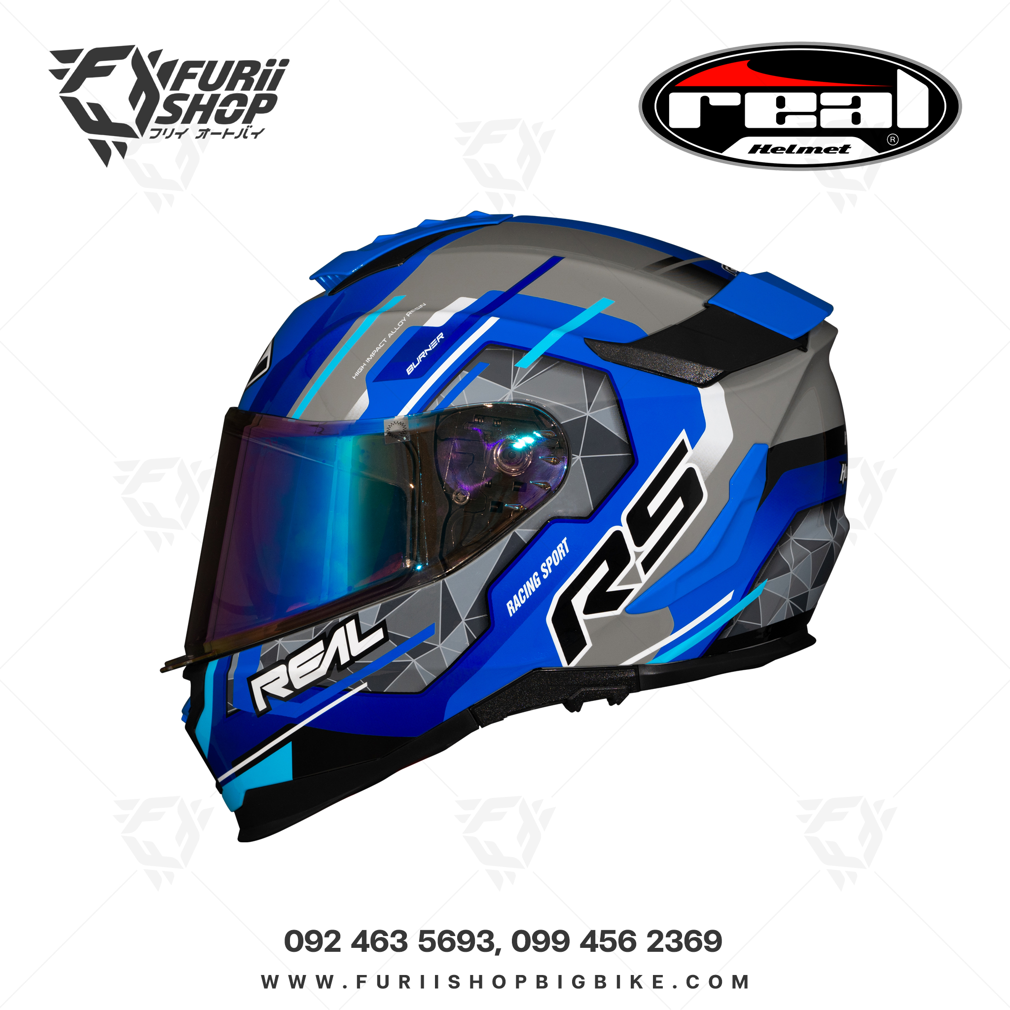 หมวกกันน็อคเต็มใบ Real : Hurricane Burner น้ำเงิน-เทา