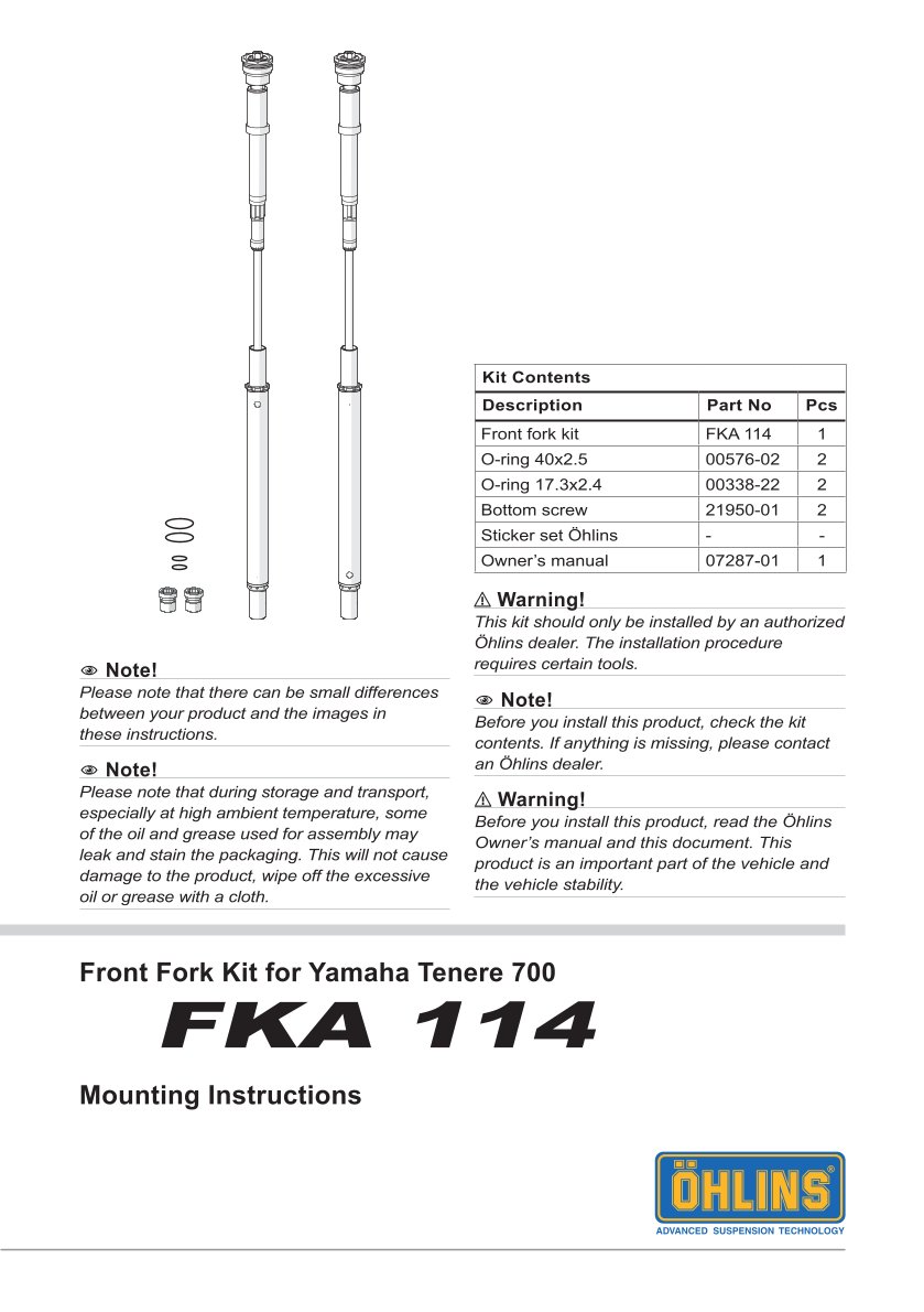 สปริงโช้คหน้า Ohlins FKA114 For Yamaha Ténéré 700 Rally Edition 2023-2024