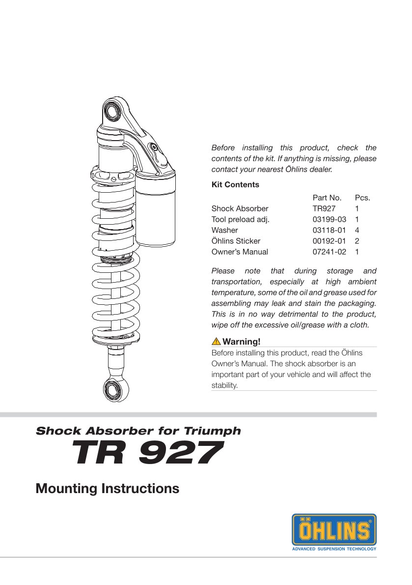 โช๊คหลังแต่ง Ohlins TR927 For Triumph Scrambler 865 ปี 2006-2016