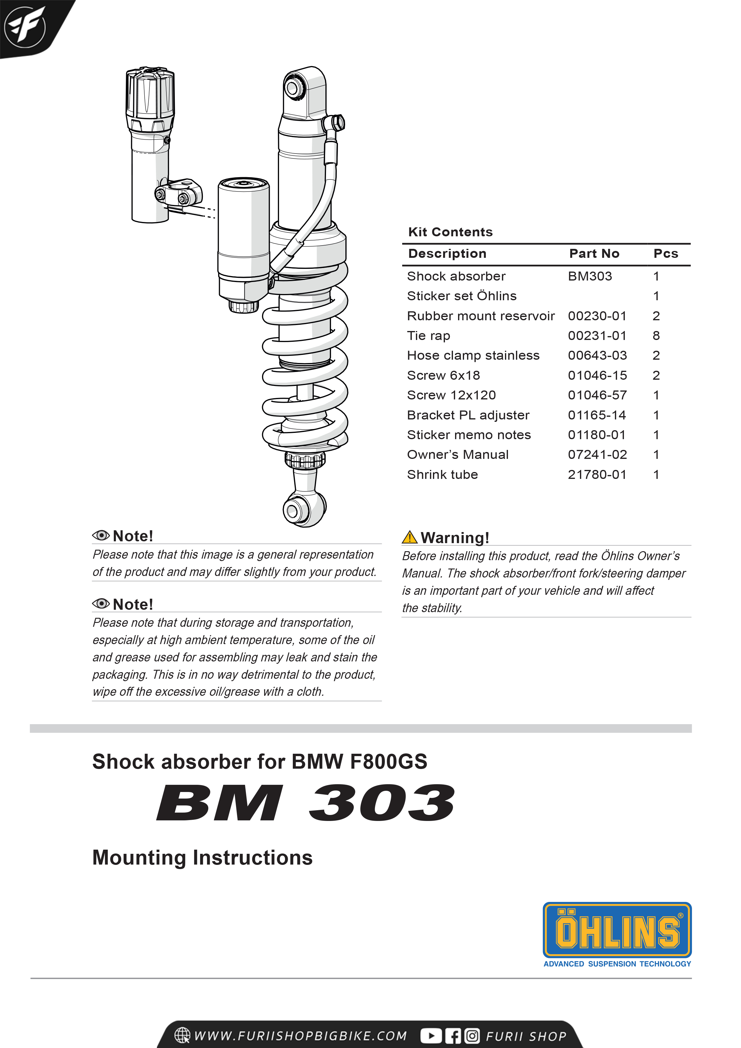 โช๊คหลัง OHLINS Sweden BM303 For BMW F800GS 2008-2016