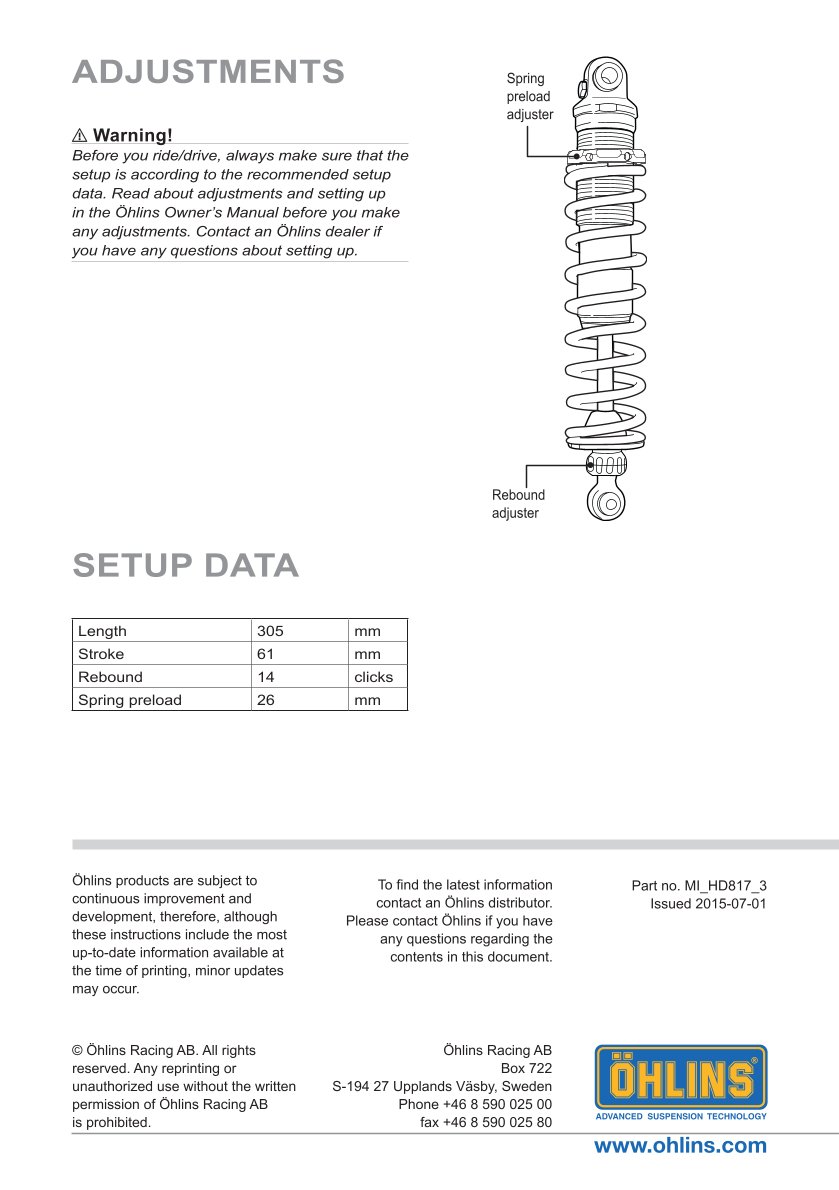 โช๊คหลังแต่ง Ohlins HD817 For Harley-Davidson Dyna FXD ปี 1991-2017