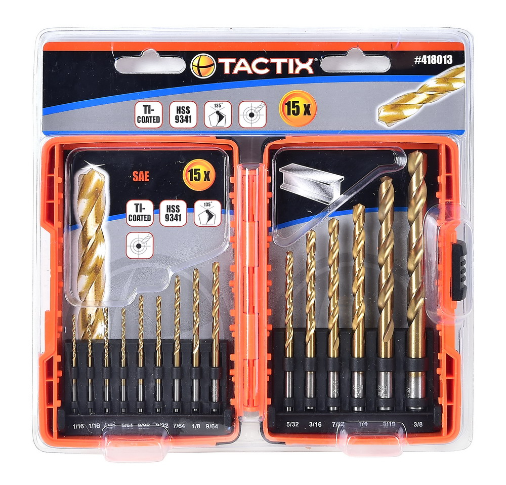 ดอกสว่านเจาะเหล็ก ไททาเนียม หุน 418013 TACTIX 15ตัวชุด