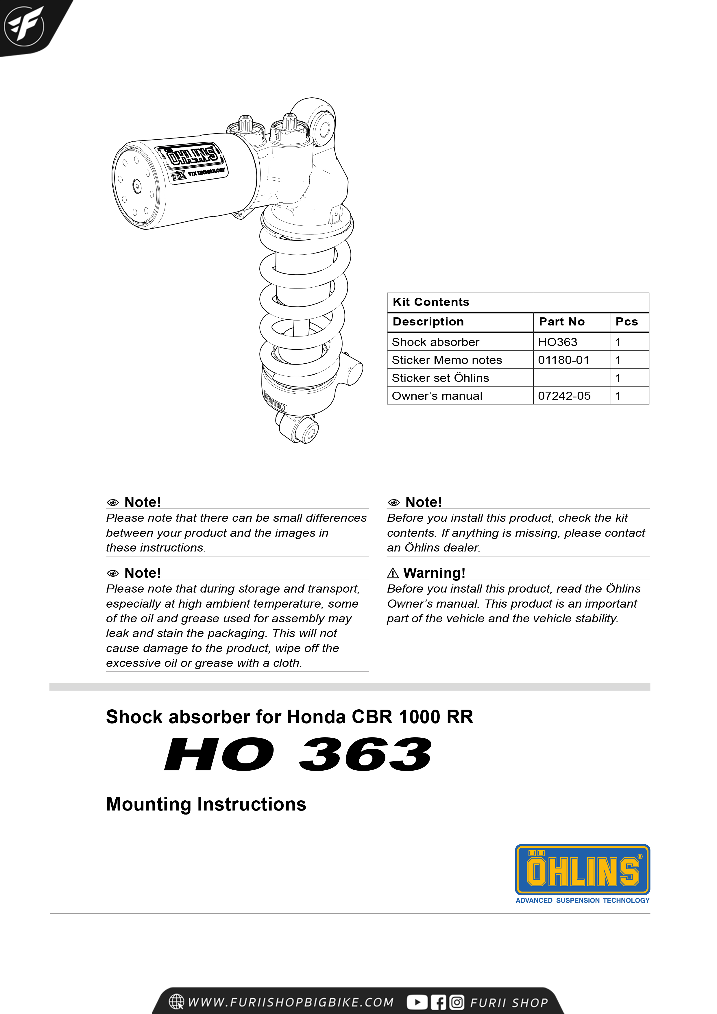 โช๊คหลัง โช๊คอัพ โช๊คแต่ง โช๊คมอเอตร์ไซค์ OHLINS HO 363 TTX GP FOR HONDA CBR1000RR 2017