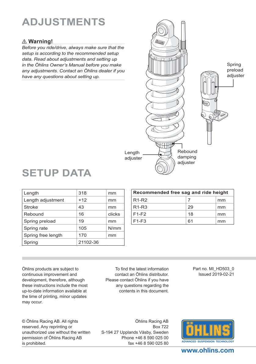 โช๊คหลังแต่ง Ohlins HD503 For Harley-Davidson Softail FXDR 114 ปี 2019-2022