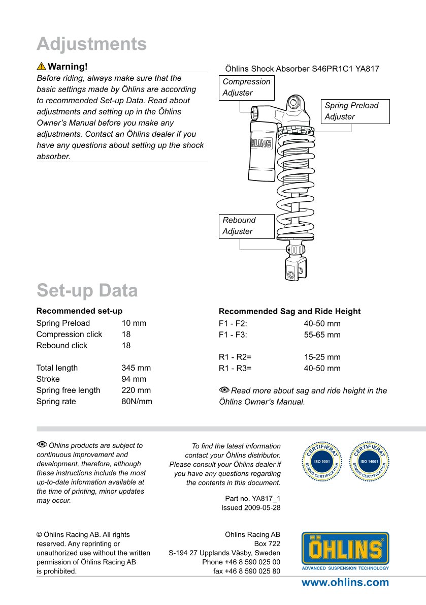โช๊คหลังแต่ง Ohlins YA817 For Yamaha XT 660 Z Ténéré ปี 2008-2012