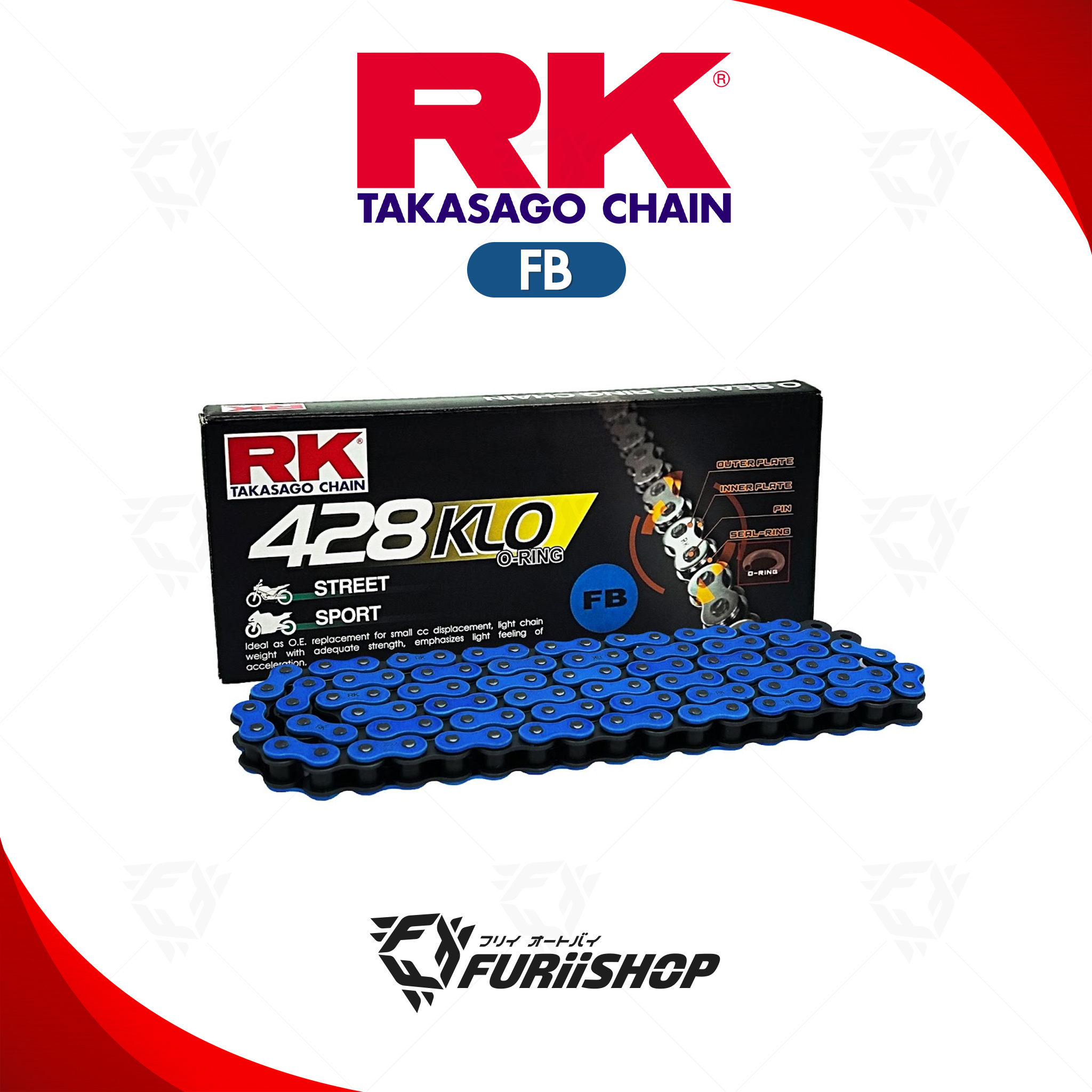โซ่ RK แท้ 428KLO O-Ring Chain FB428KLO-132L (สีน้ำเงิน) สำหรับรถมอเตอร์ไซค์ 150cc