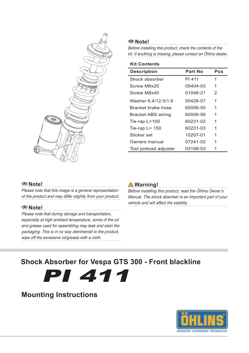 โช้คหน้า OHLINS PI411 For Vespa GTS300 2024