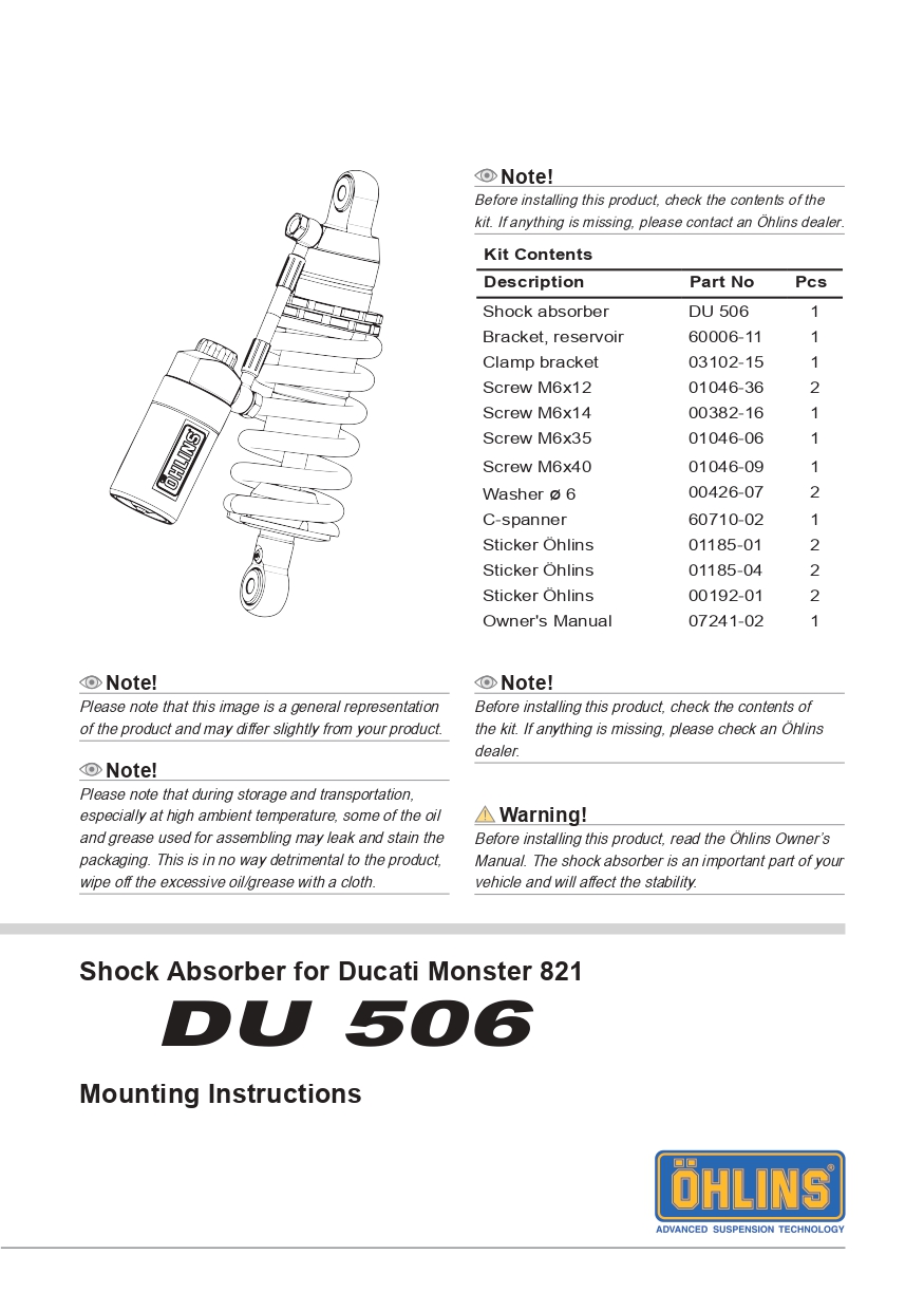 โช๊คหลังแต่ง OHLINS DU 506 For Ducati Monster 821 2015-2018
