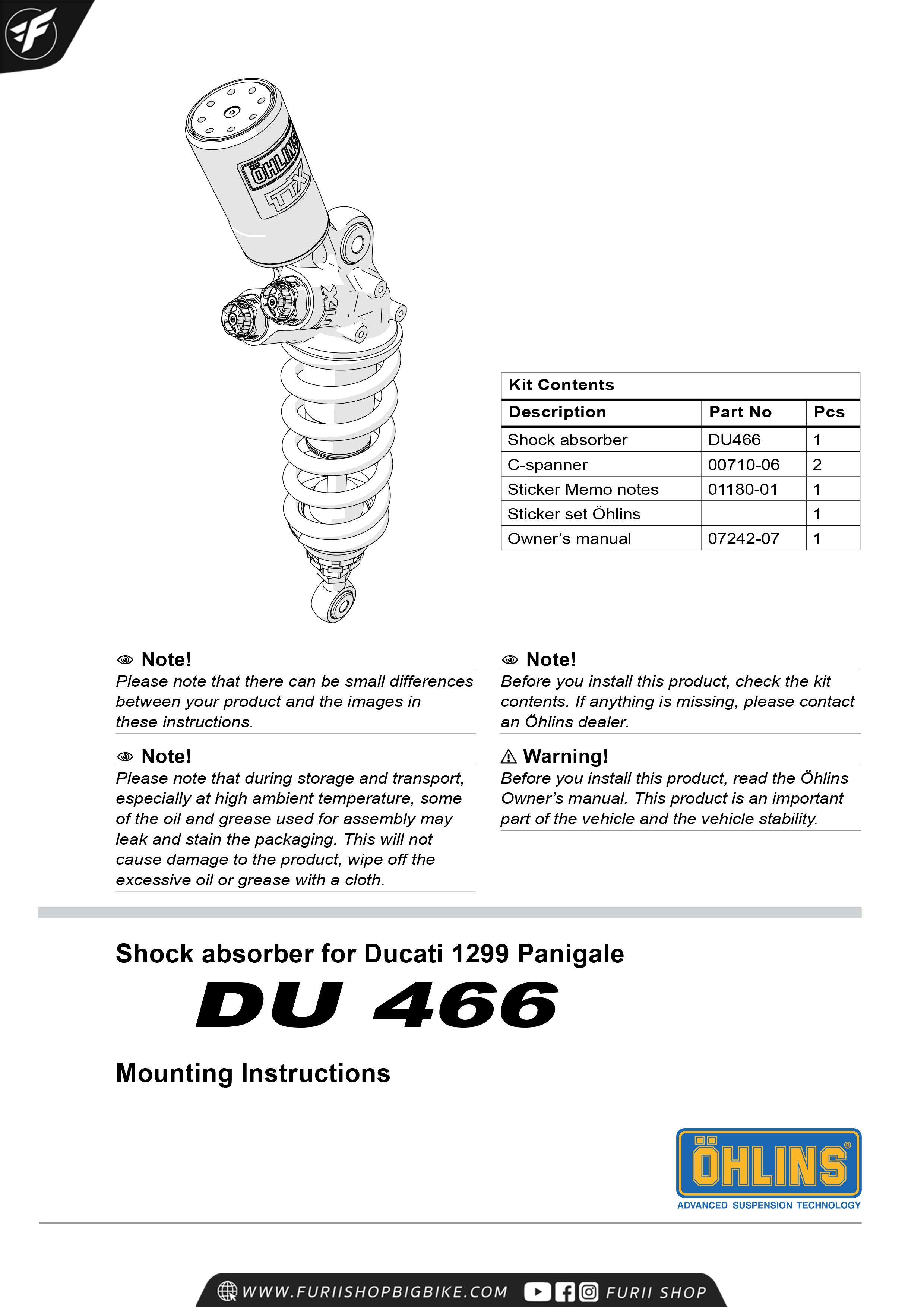 โช๊คหลัง OHLINS Sweden DU466 For Ducati Panigale1199, 1299