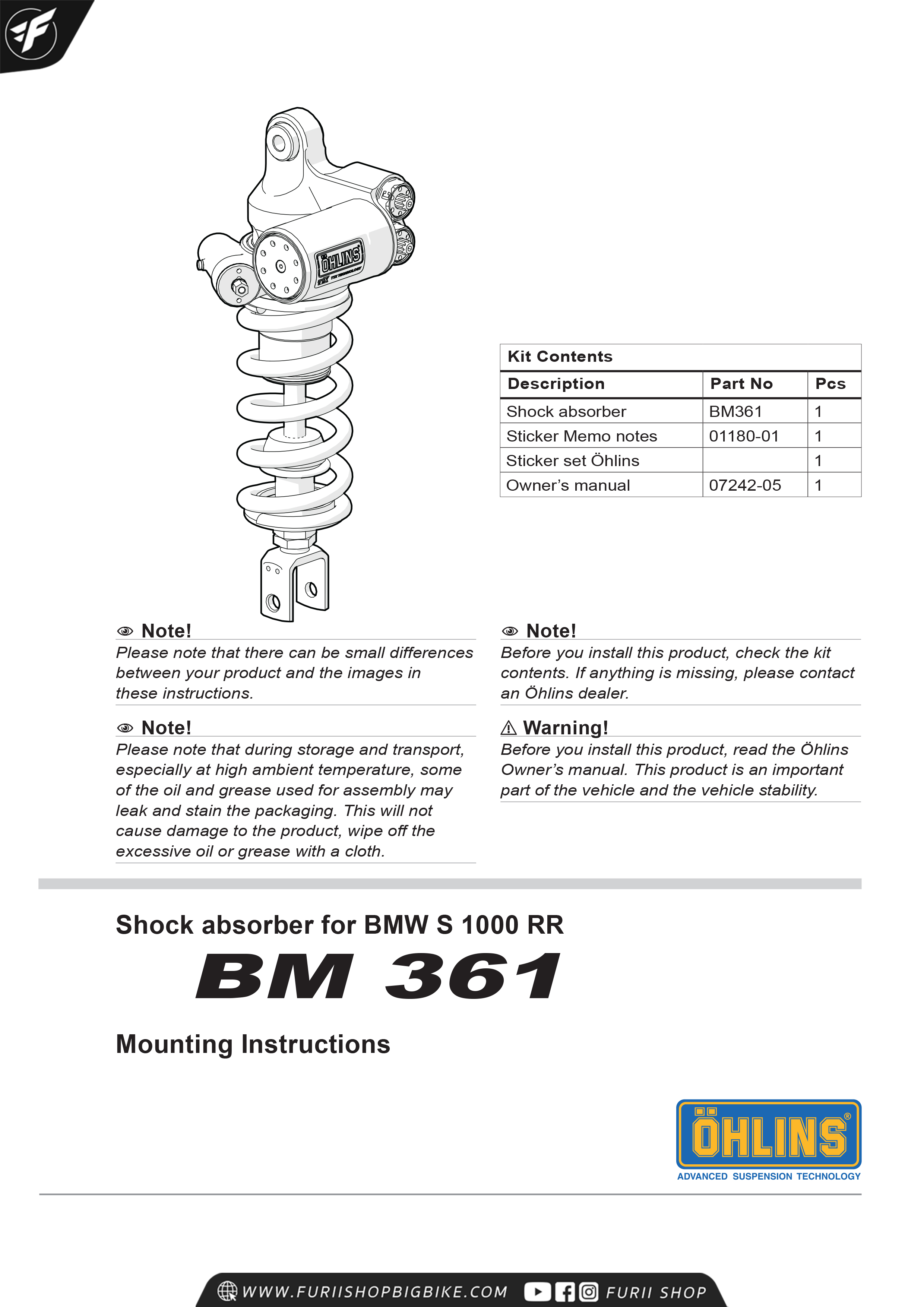 โช๊คหลัง OHLINS Sweden BM361 TTX GP For BMW S1000RR 2012-2014