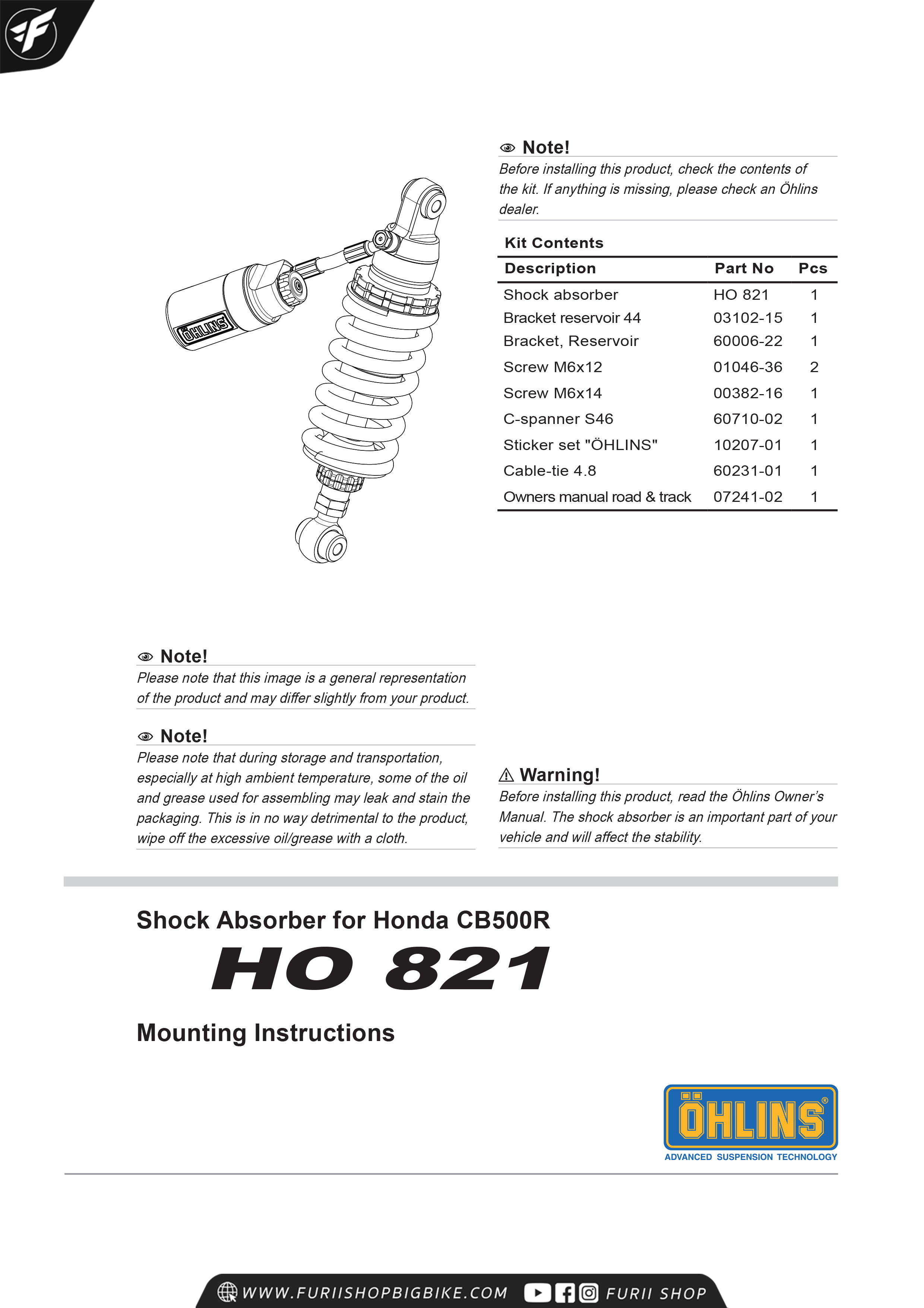 โช๊คหลัง OHLINS HO821 FOR Honda CBR500R 2019