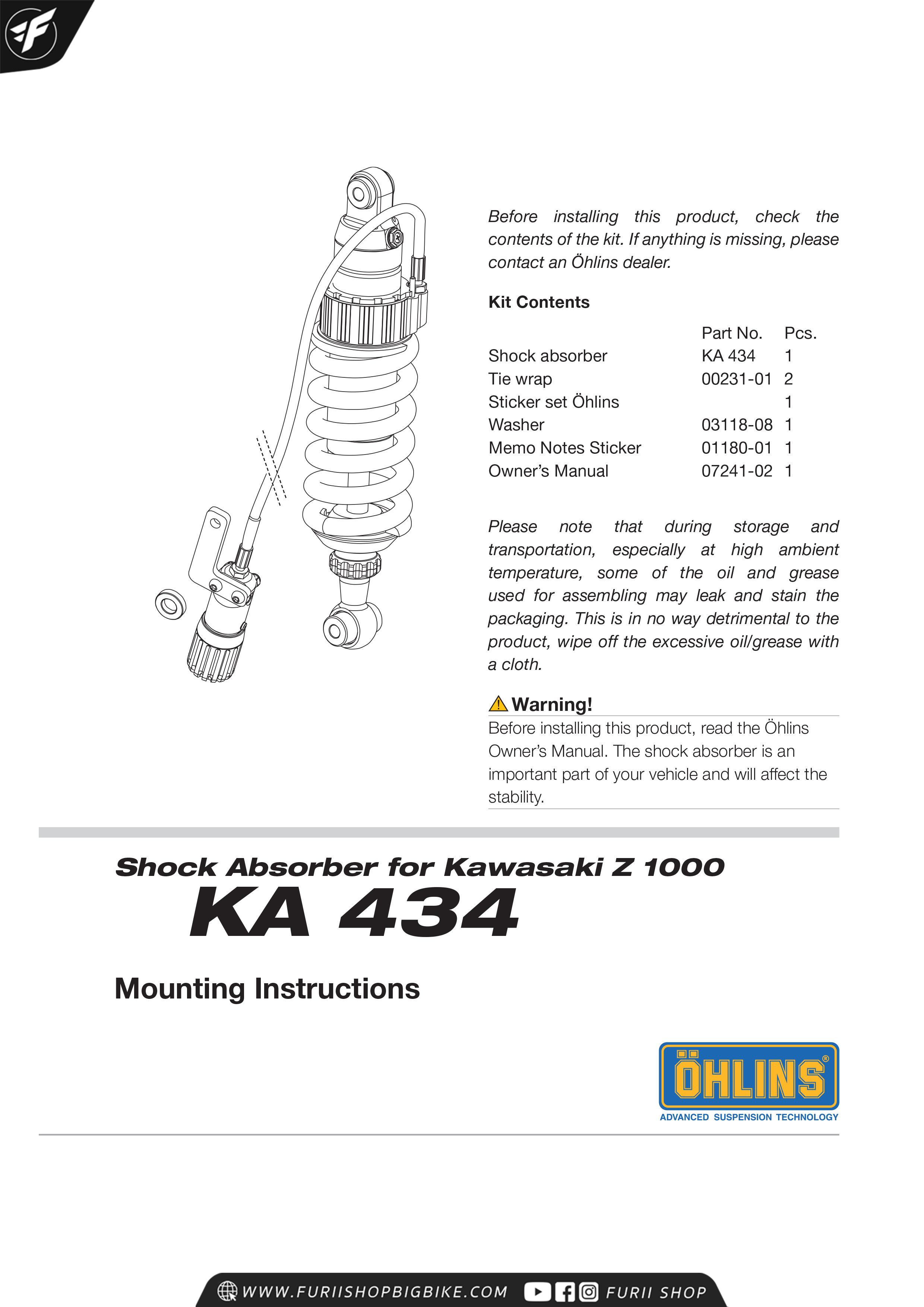 โช๊คหลัง OHLINS Sweden KA434 For Kawasaki Z1000 2014-2016 มาพร้อมรีโมทปรับรีบาวน์
