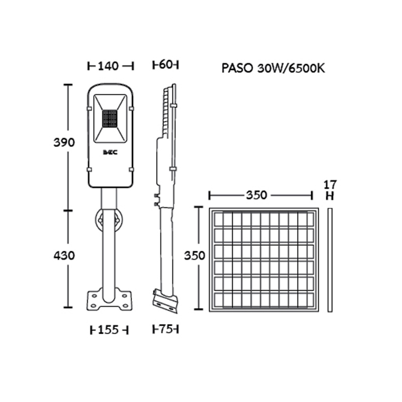 ขนาดโคมไฟถนนโซล่าเซลล์ LED 30W BEC รุ่น PASO