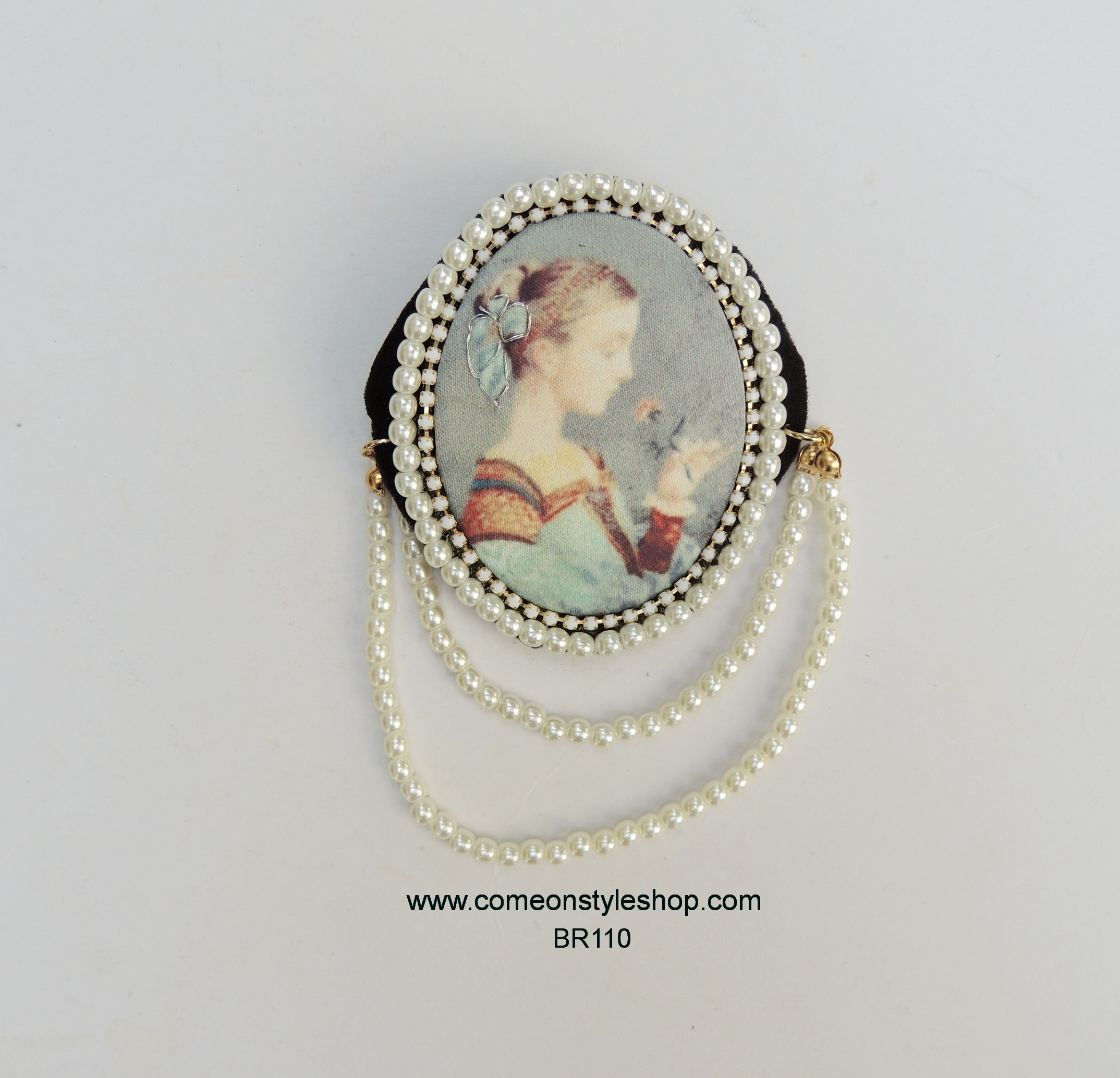 เข็มกลัดสไตล์วินเทจ ภาพวาดคลาสสิก ประดับสร้อยไข่มุก Vintage Fashion Brooch Pin BR110