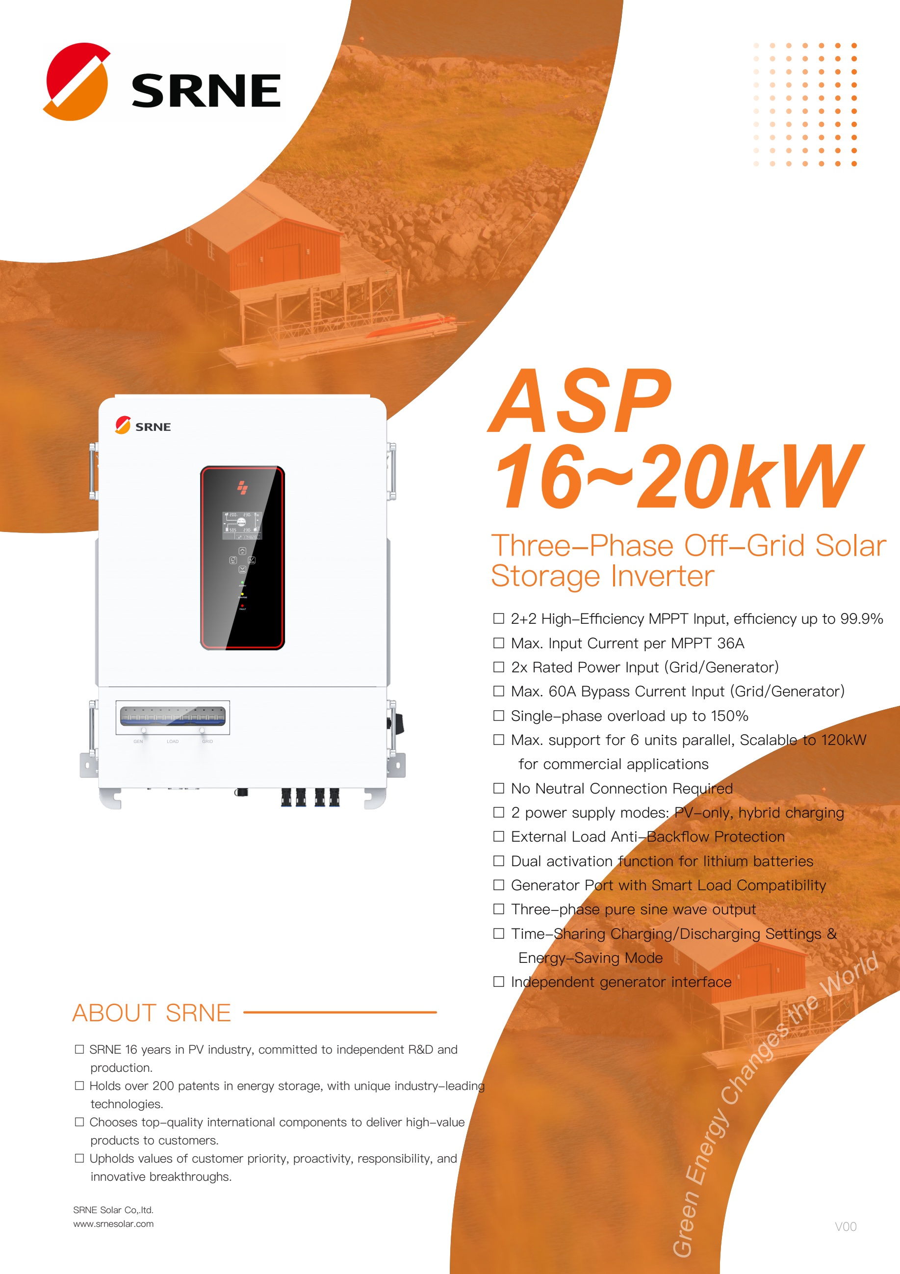 SRNE Hybrid inverter 20kW3phase ไฮบริดออฟกริด ระบบแบต48V(ทำงานแบบไม่ต่อแบตได้) ขนานเครื่องได้