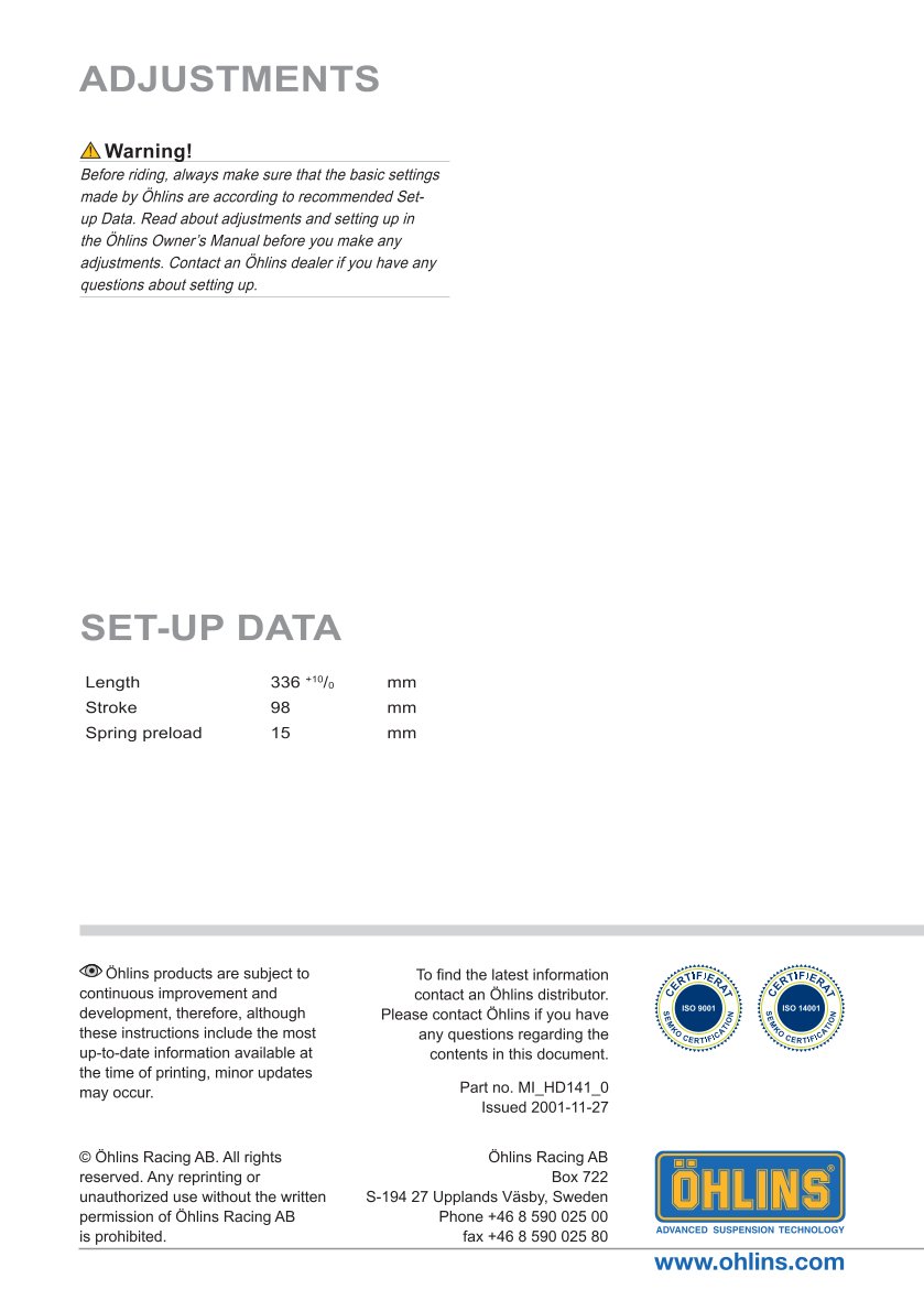 โช๊คหลังแต่ง Ohlins HD141 For Harley-Davidson XL Sportster ปี 2004-2022