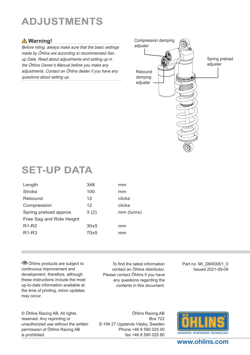 โช๊คหลังแต่ง Ohlins DMX0001 For Husqvarna TC 65 ปี 2016-2023