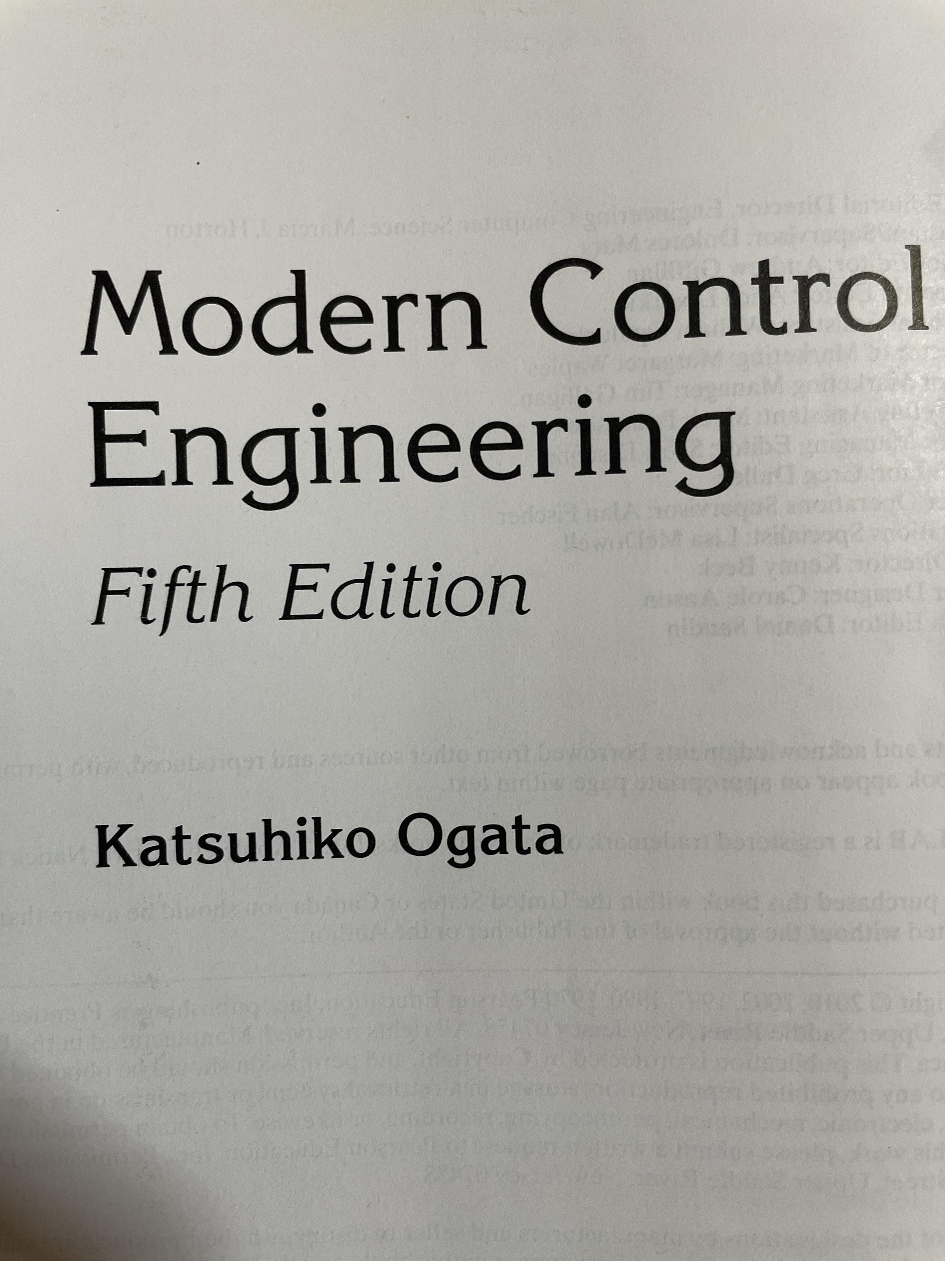 Modern Control Engineering. พิมพ์ครั้งที่ 5 ผู้เขียน Katsuhiko Ogata. 3 กก.
