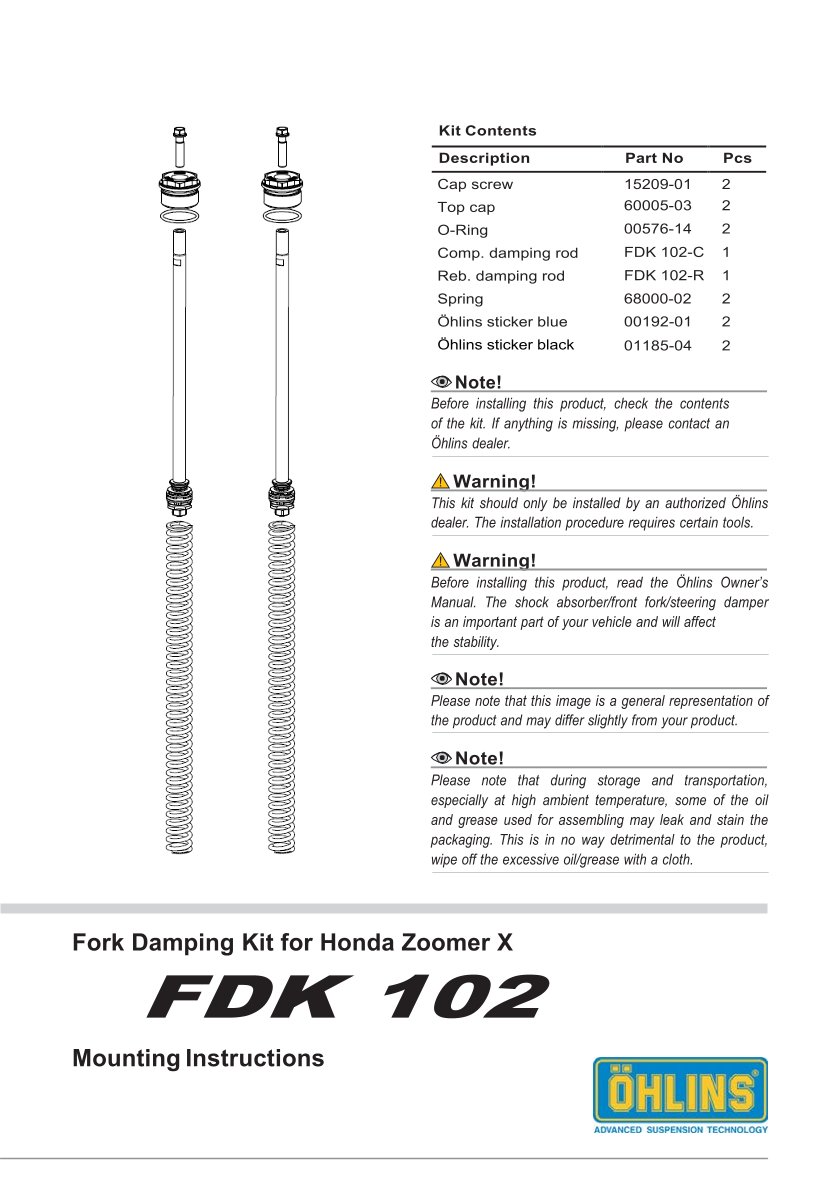 สปริงโช้คหน้า Ohlins FDK102 For Honda Zoomer X 2012-2014