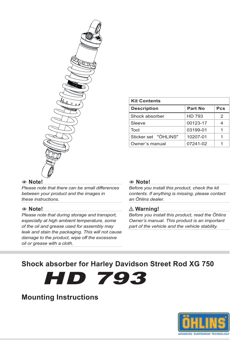 โช๊คหลังแต่ง Ohlins HD793 For Harley-Davidson XG750A Street Rod ปี 2018-2020