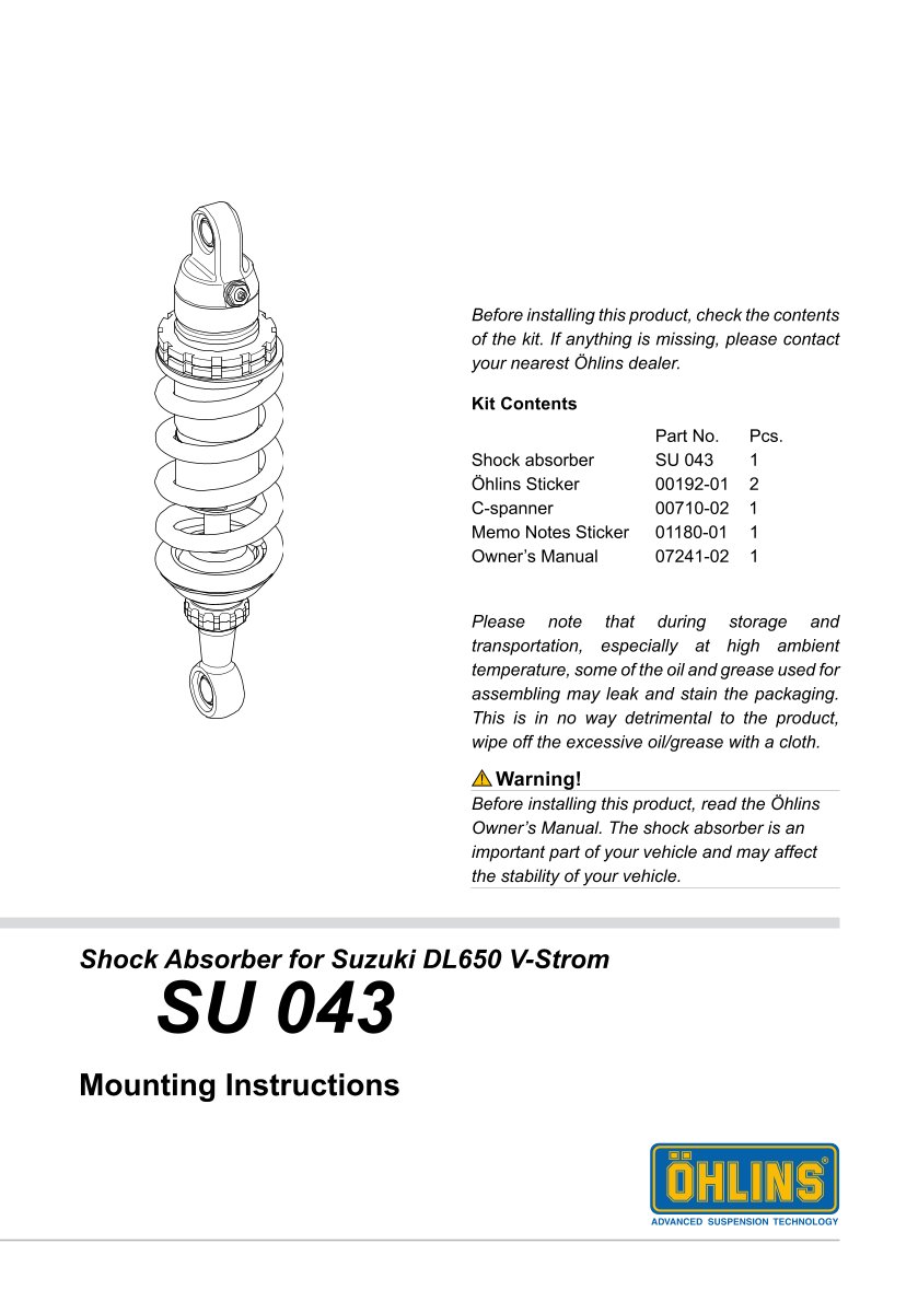 โช๊คหลังแต่ง Ohlins SU043 For Suzuki DL 650 V-Strom XT ปี 2018-2024