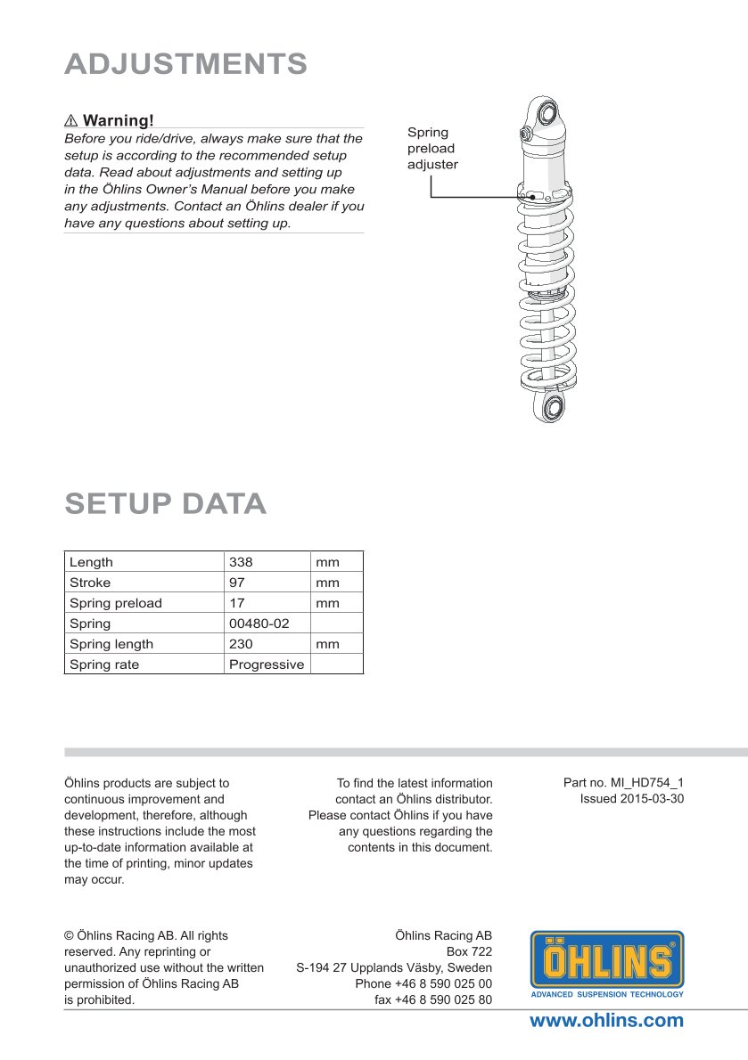 โช๊คหลังแต่ง Ohlins HD754 For Harley-Davidson XL Sportster ปี 2004-2022