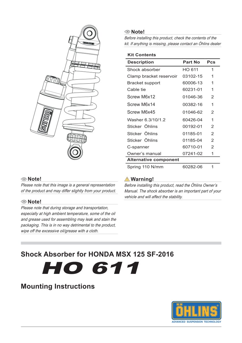 โช๊คหลังแต่ง Ohlins HO611 For Honda MSX125SF (USA-GROM SF '17-'20) ปี 2016-2020