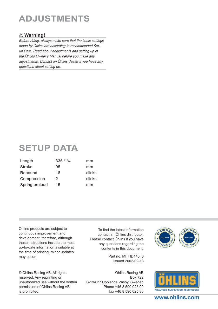โช๊คหลังแต่ง Ohlins HD143 For Harley-Davidson XL Sportster ปี 2004-2022